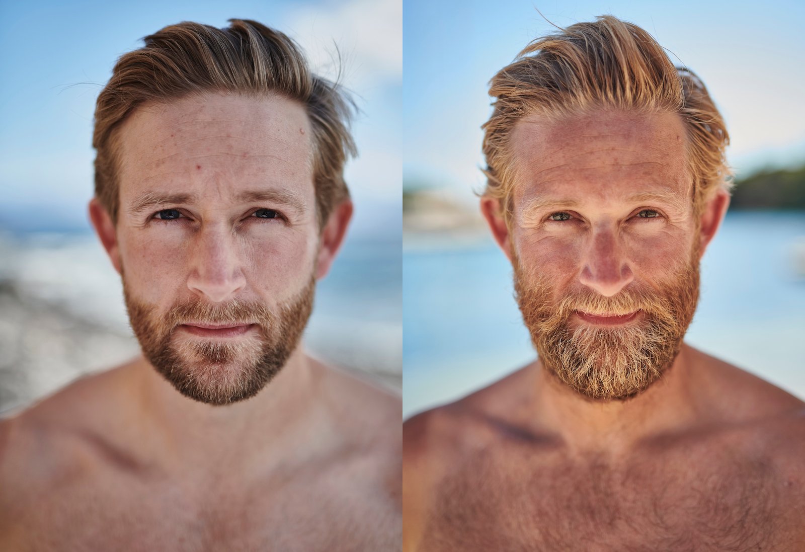 Jimmy Carroll with a beard before and after rowing the Atlantic