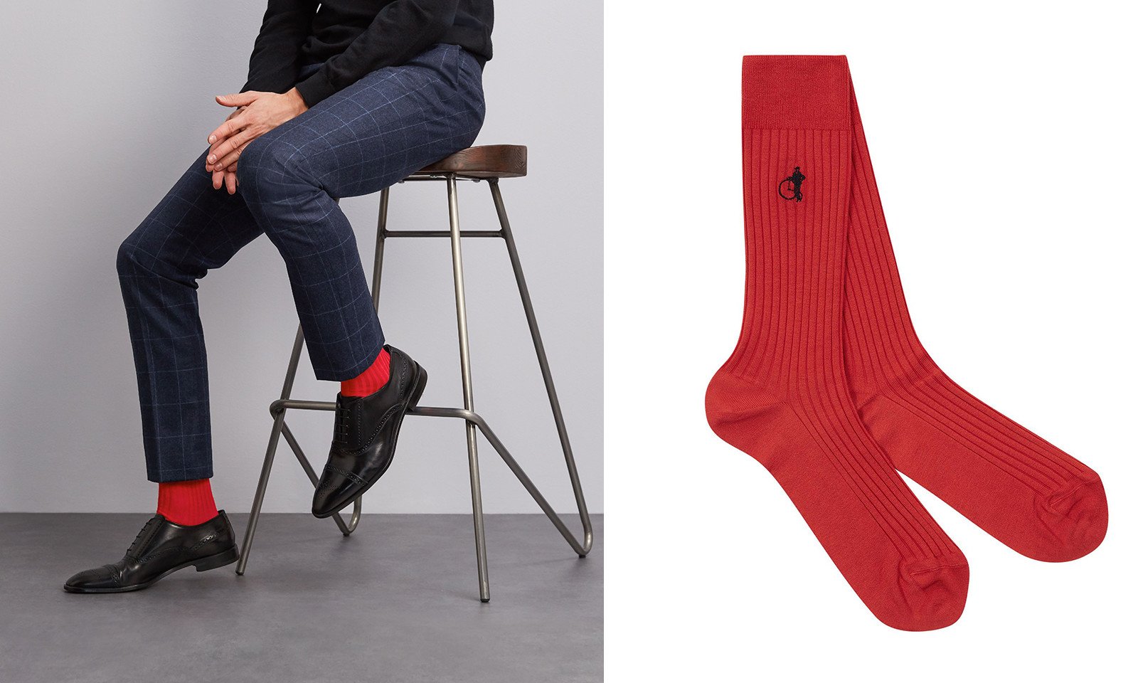 Gentleman sitting down wearing a red sock