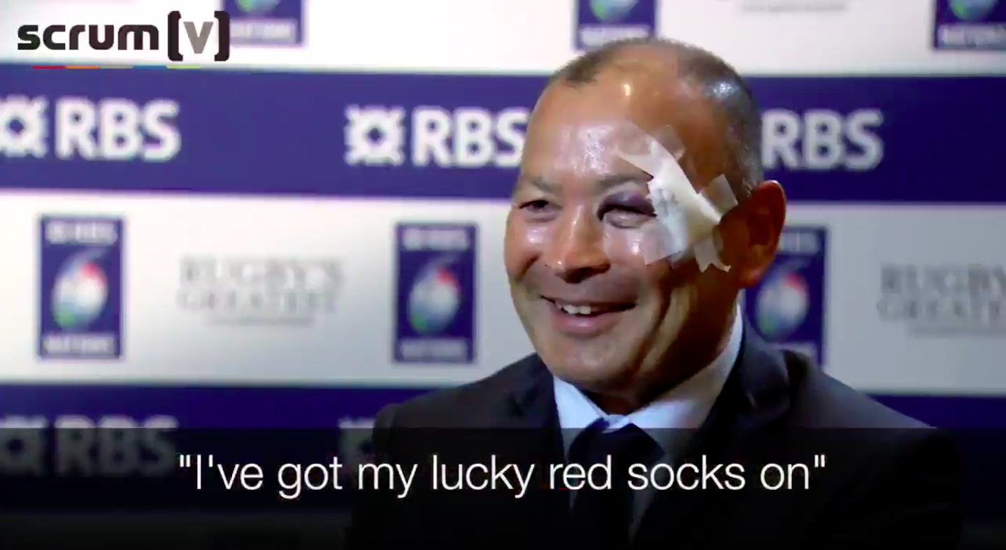 England Coach Eddie Jones interviewed by the BBC about his lucky red London Sock Company socks watch video