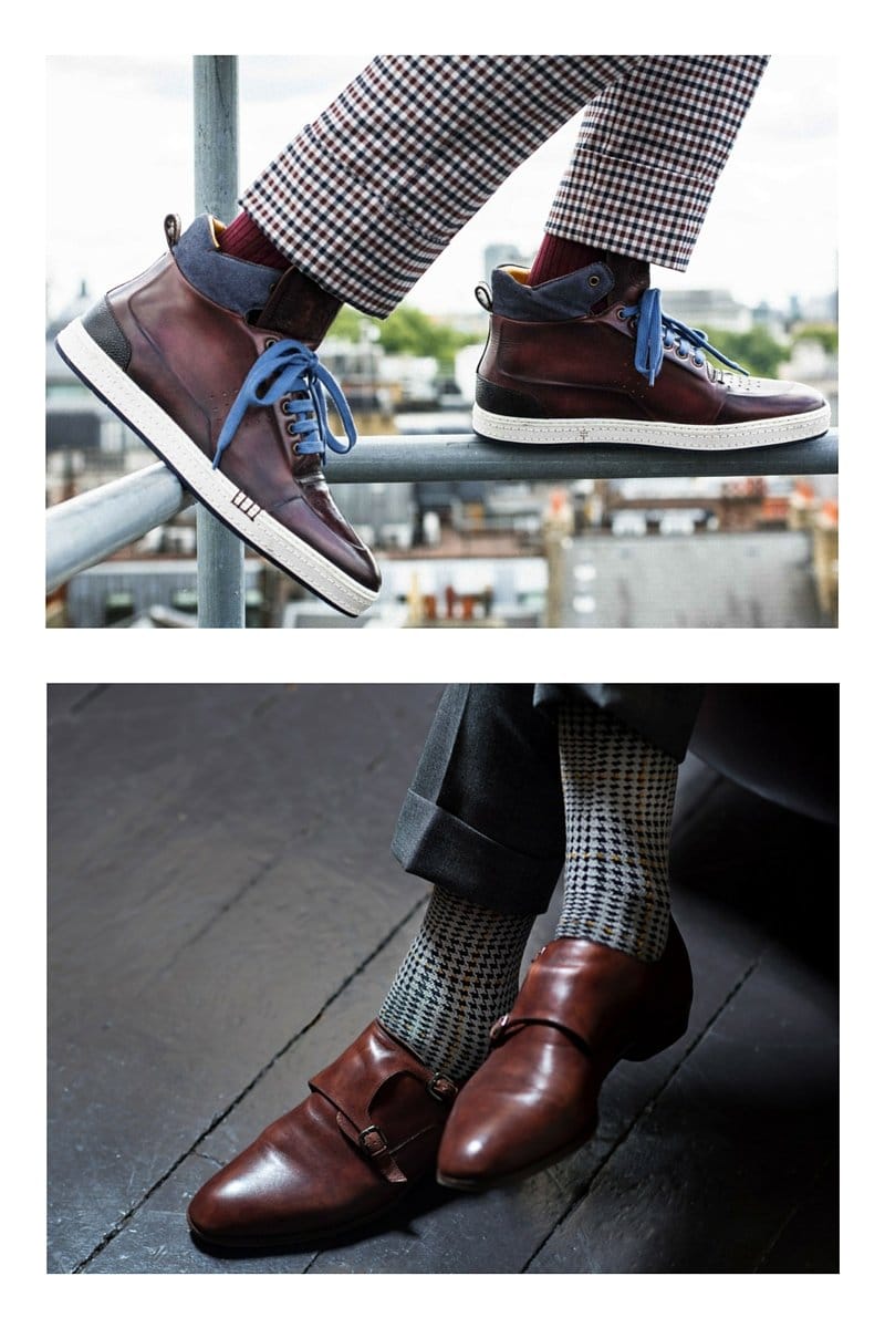 Block colour socks with patter trousers, or pattern socks with plain suit.