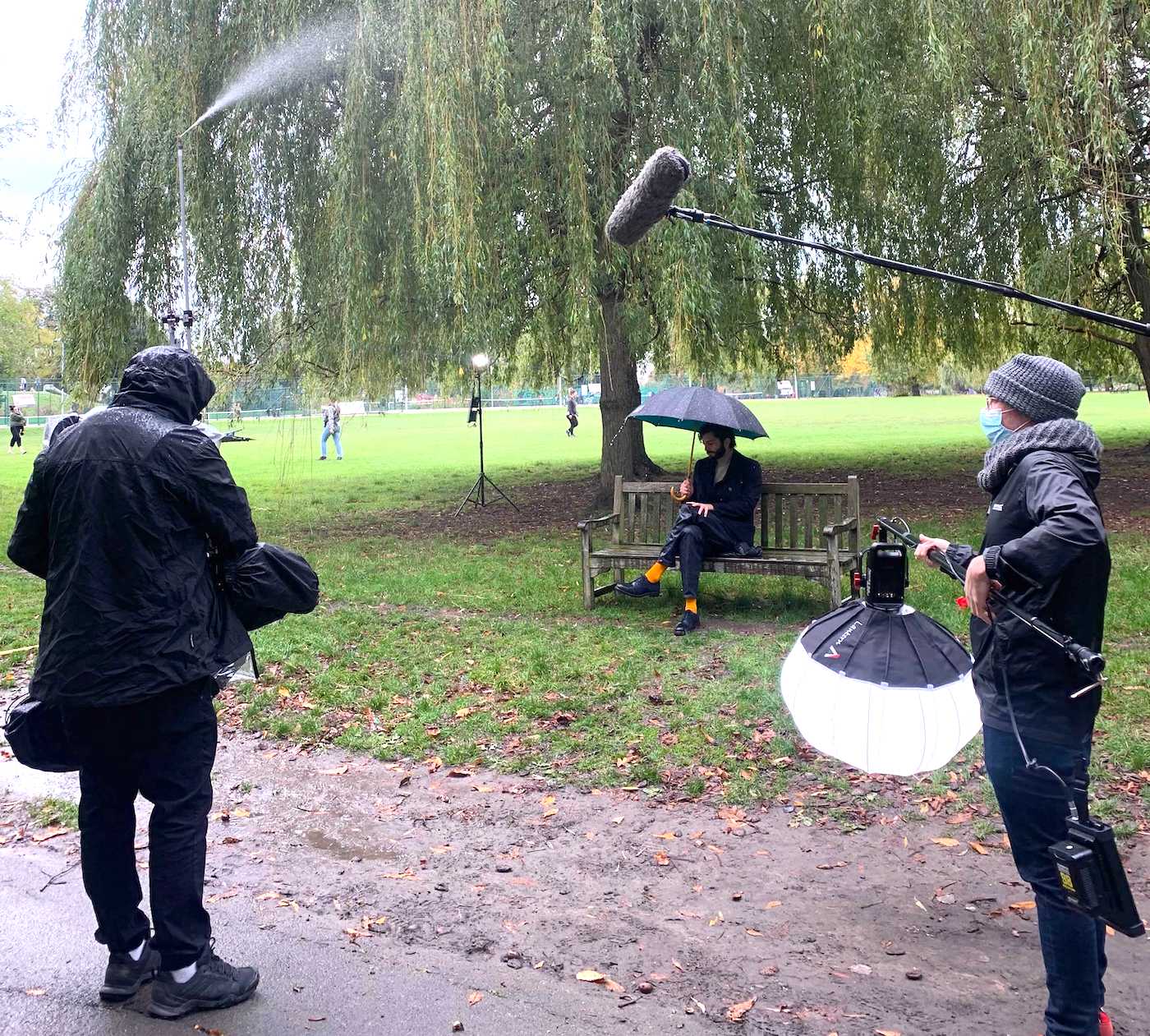 Filming an advert with actor Michael Fox in a park