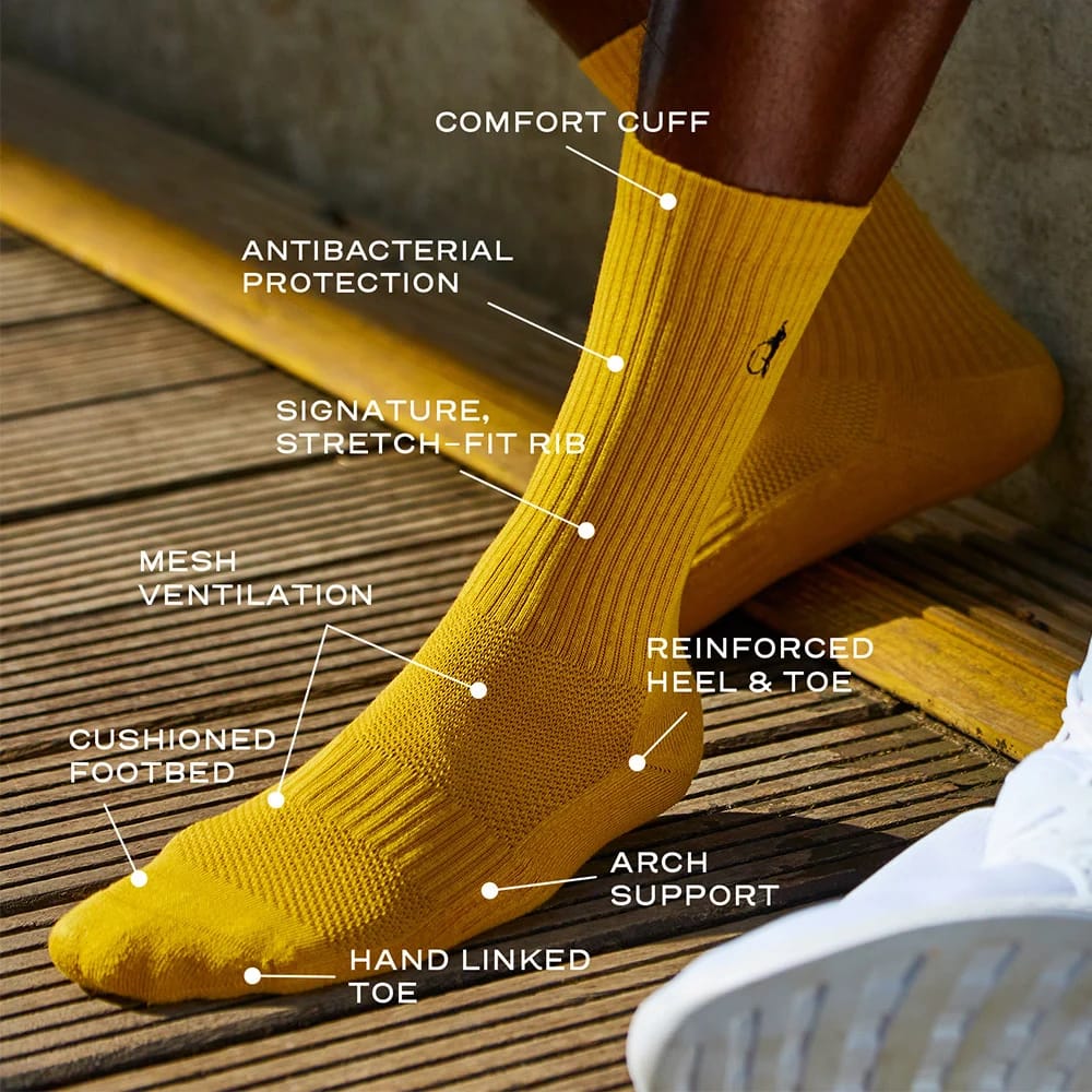 An annotated image of a man in saffron sports socks by London Sock Company showing all the performance features of the socks.