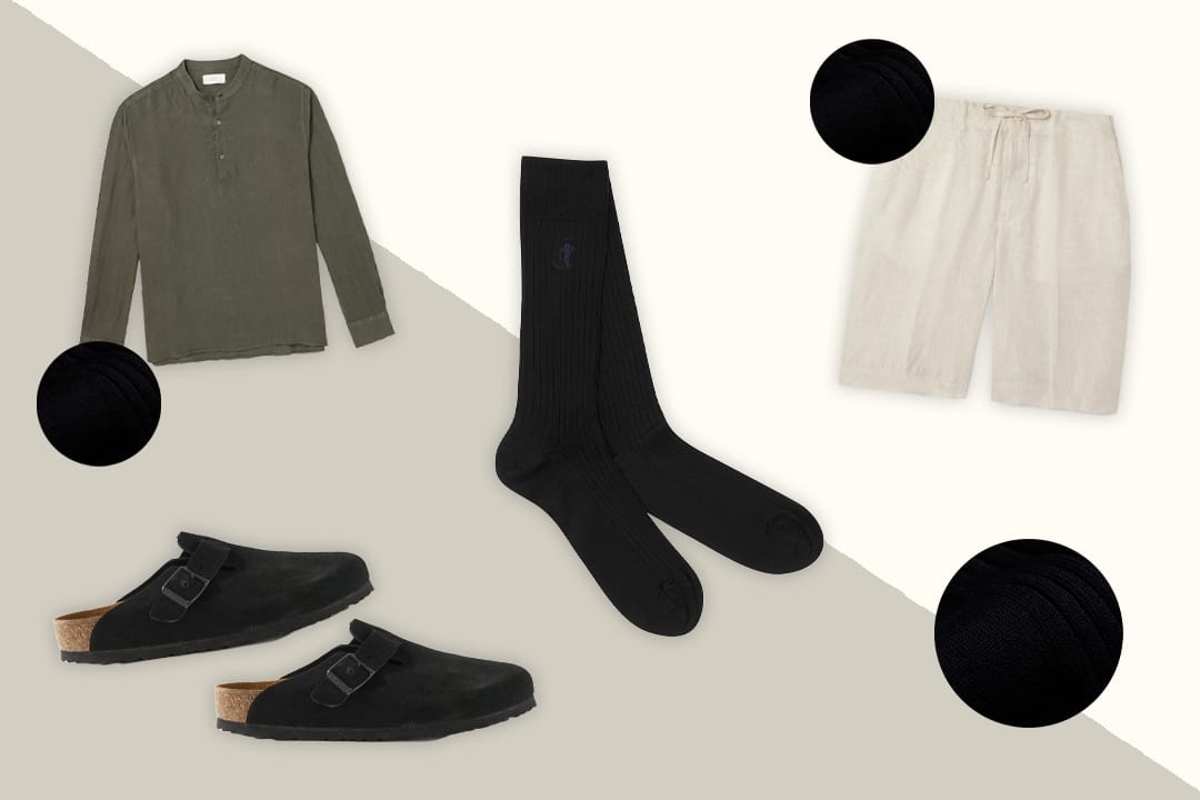 A men's style tips graphic showing how to wear black socks with clogs, linen shorts and a khaki linen shirt.