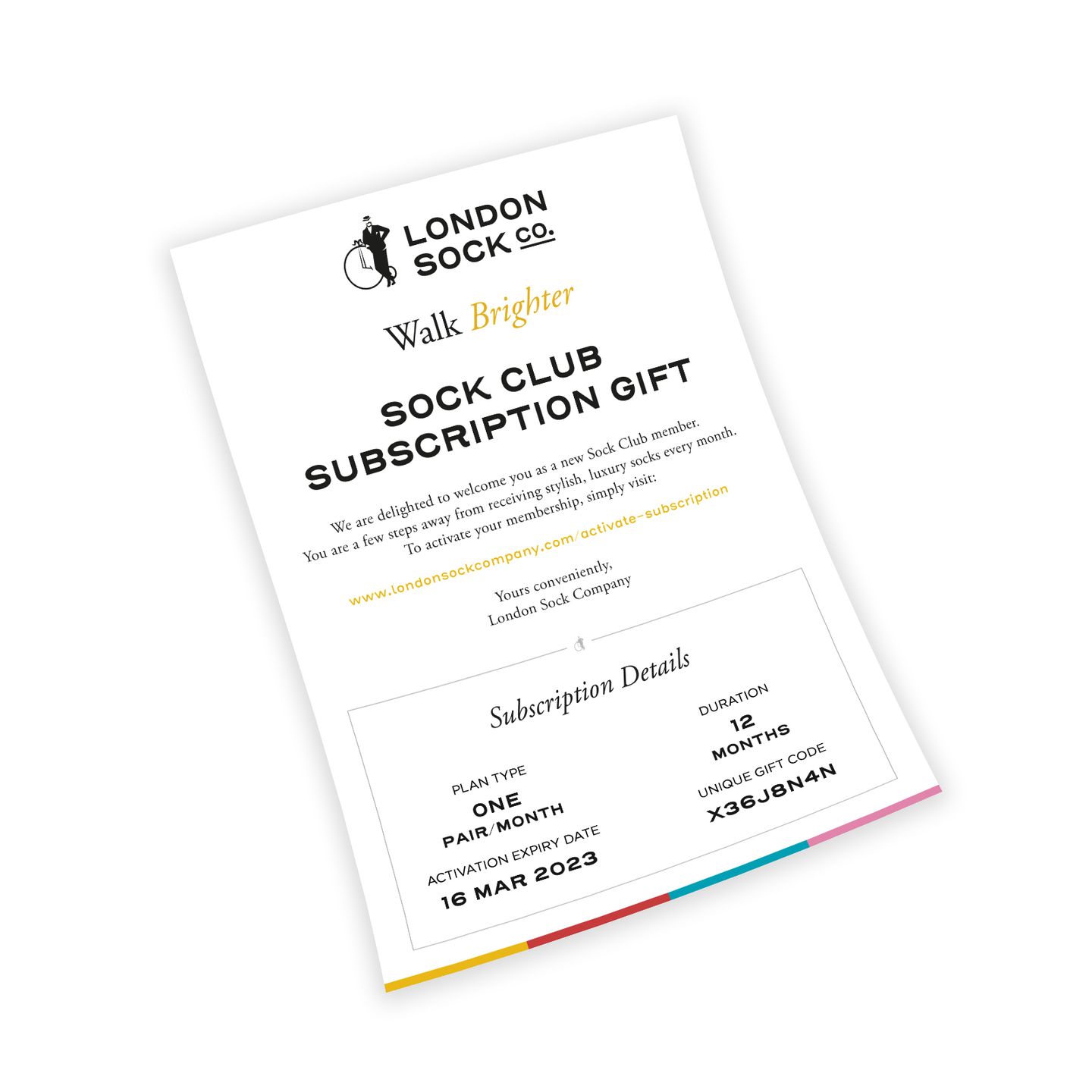 Sock club subscription with plan details and duration