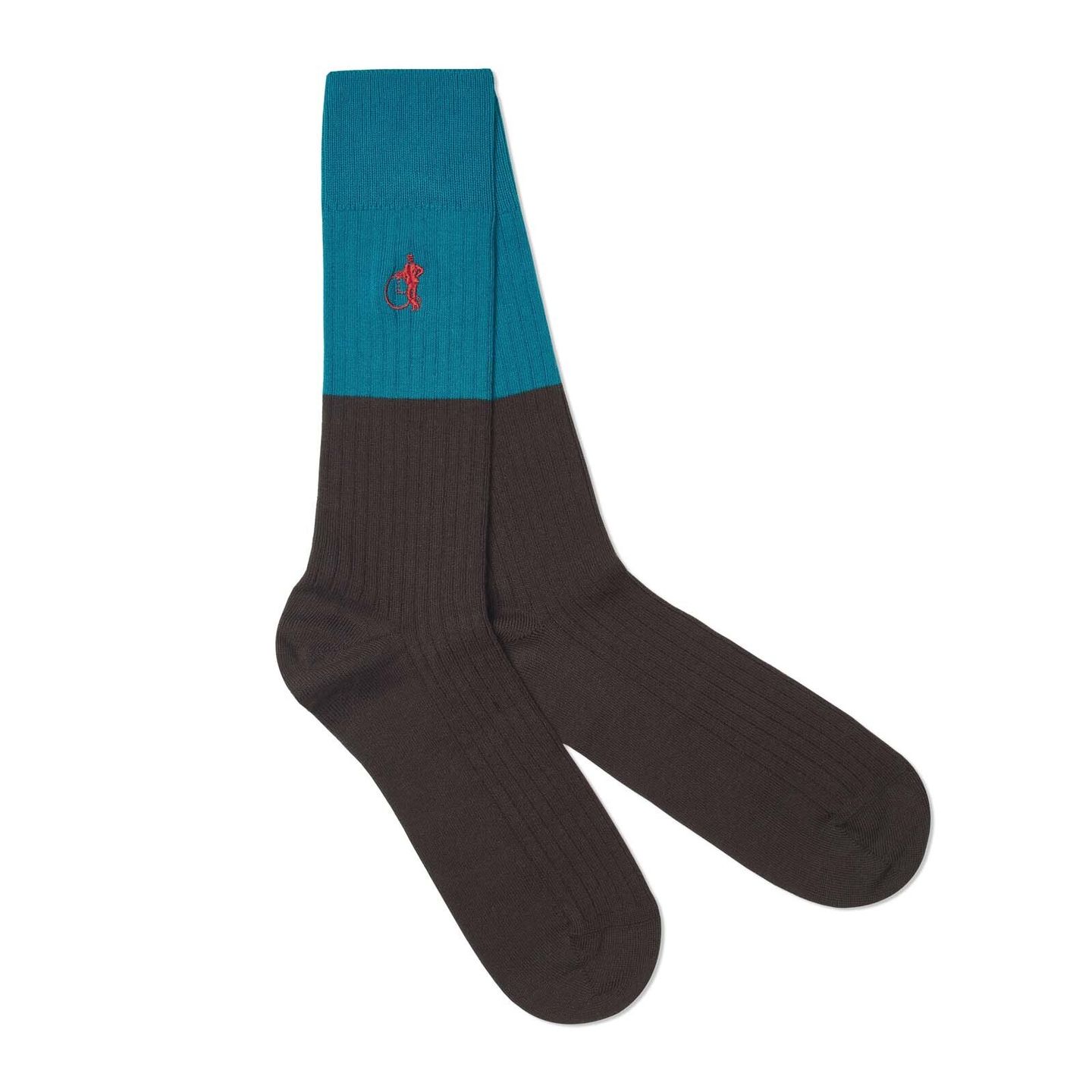 Socks that are light blue on the calf and a dark brown for the rest