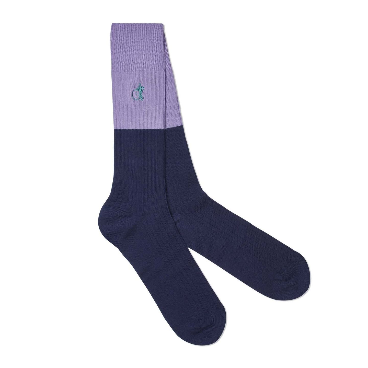 A pair of half and half light and dark purple socks with a white background