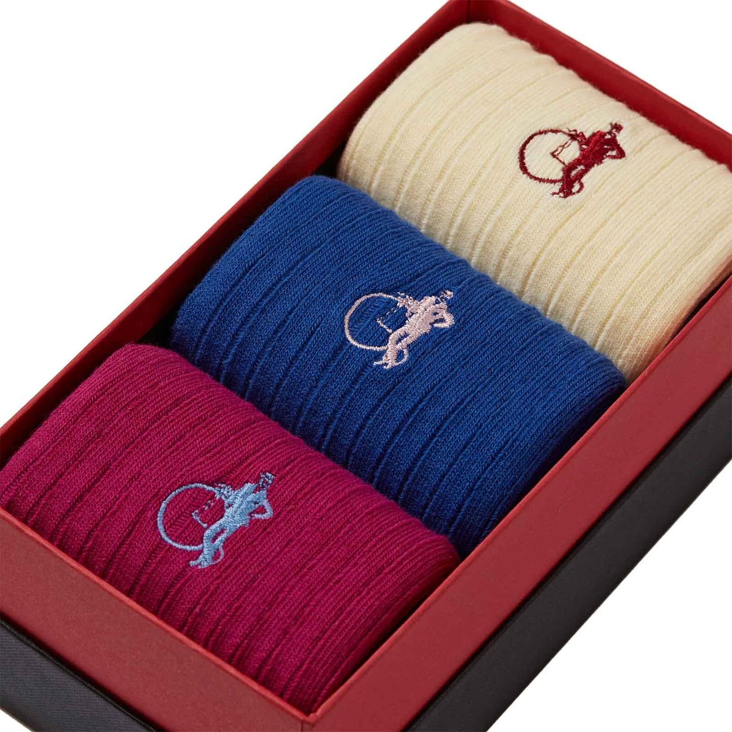 3 pairs of cream, blue and pink socks in a presentation box, part of the Hidden Pop collection