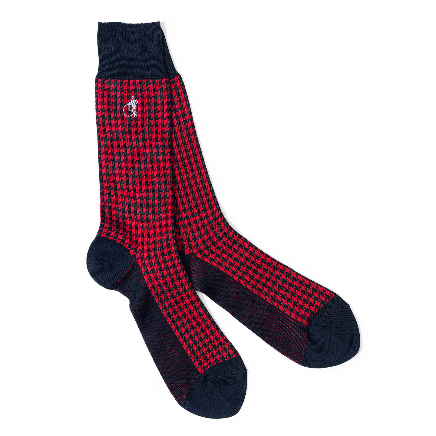 A pair of red and blue patterned socks