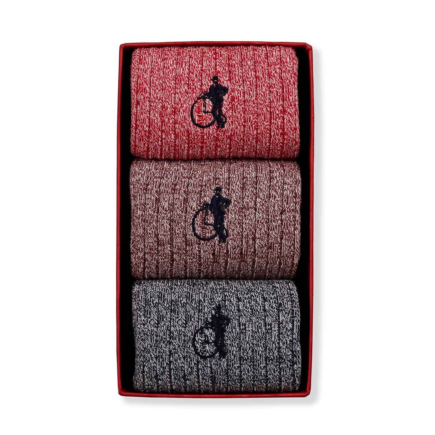 3 pair of marl casual boot socks in red, brown and black