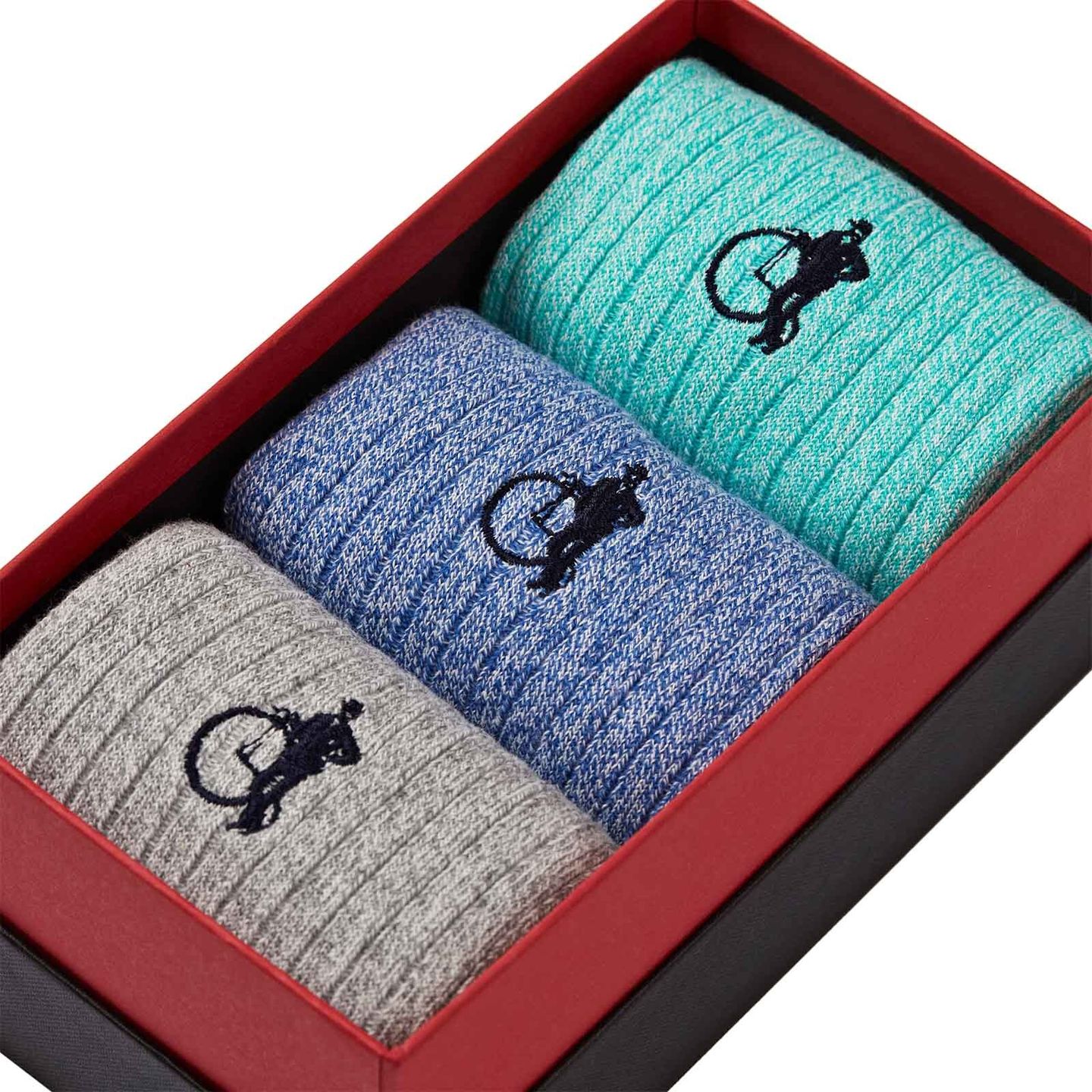Presentation box for marl casual socks in teal, blue and a light grey