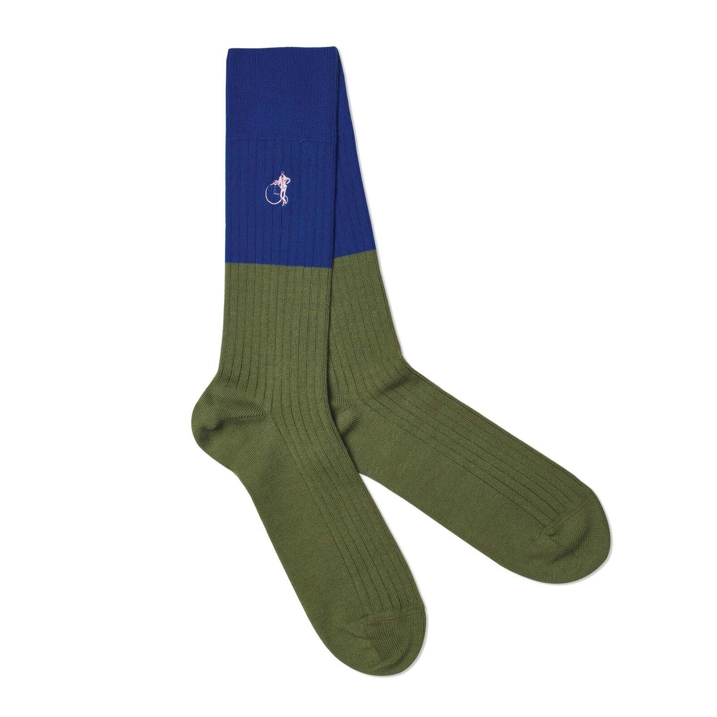Dual coloured socks with a royal blue top and olive green bottom