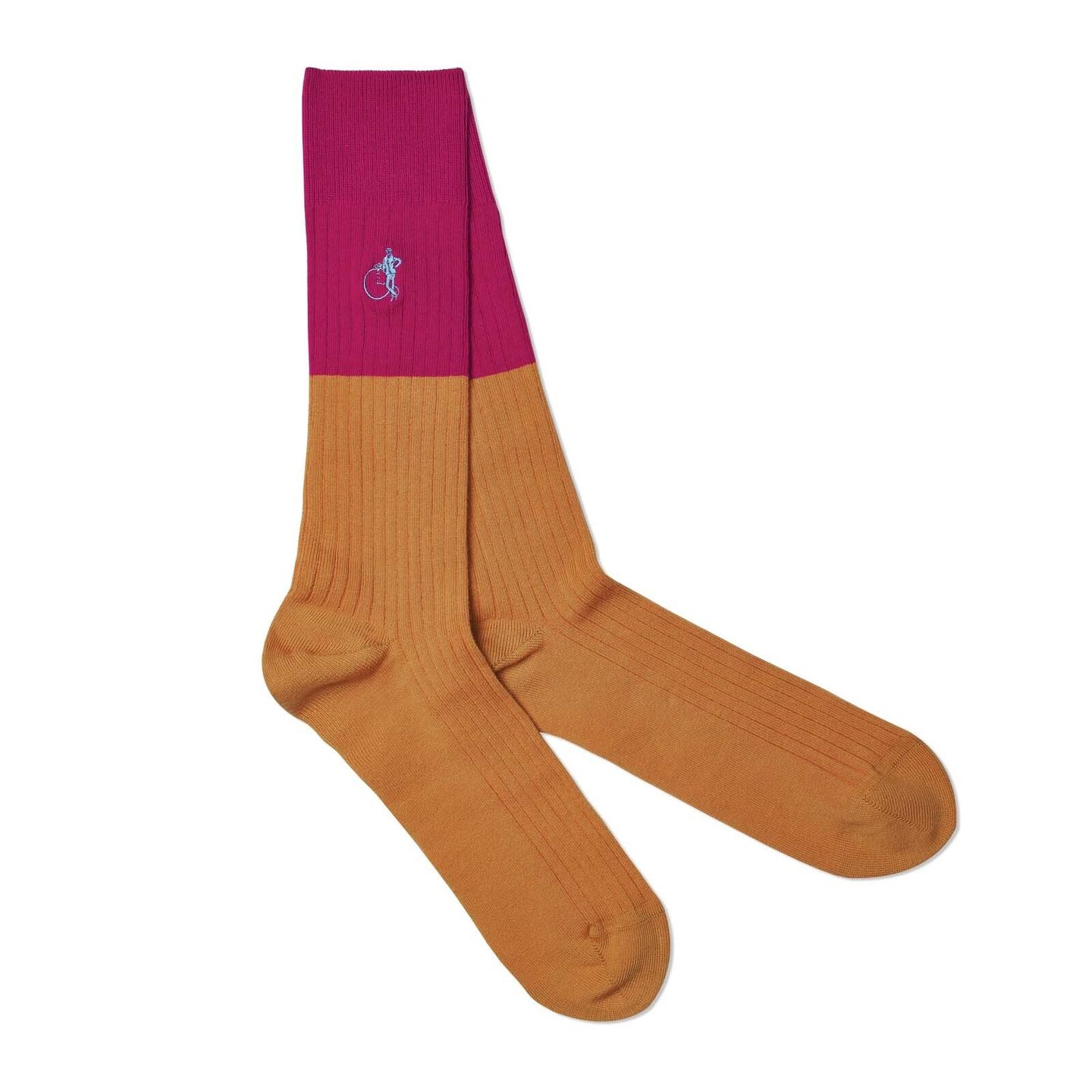 Dual coloured socks with a pink top and camel bottom