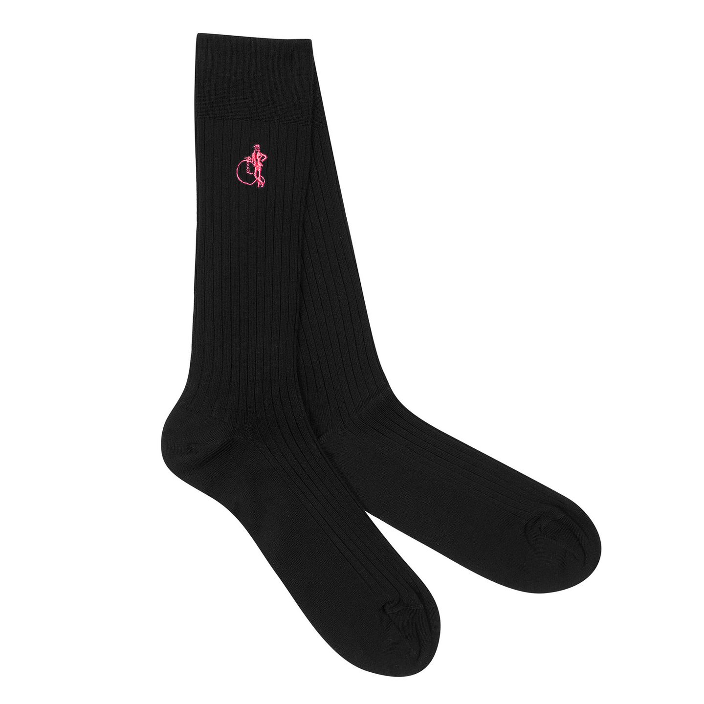 Black socks with alternative pink London Sock Company logo embroidered