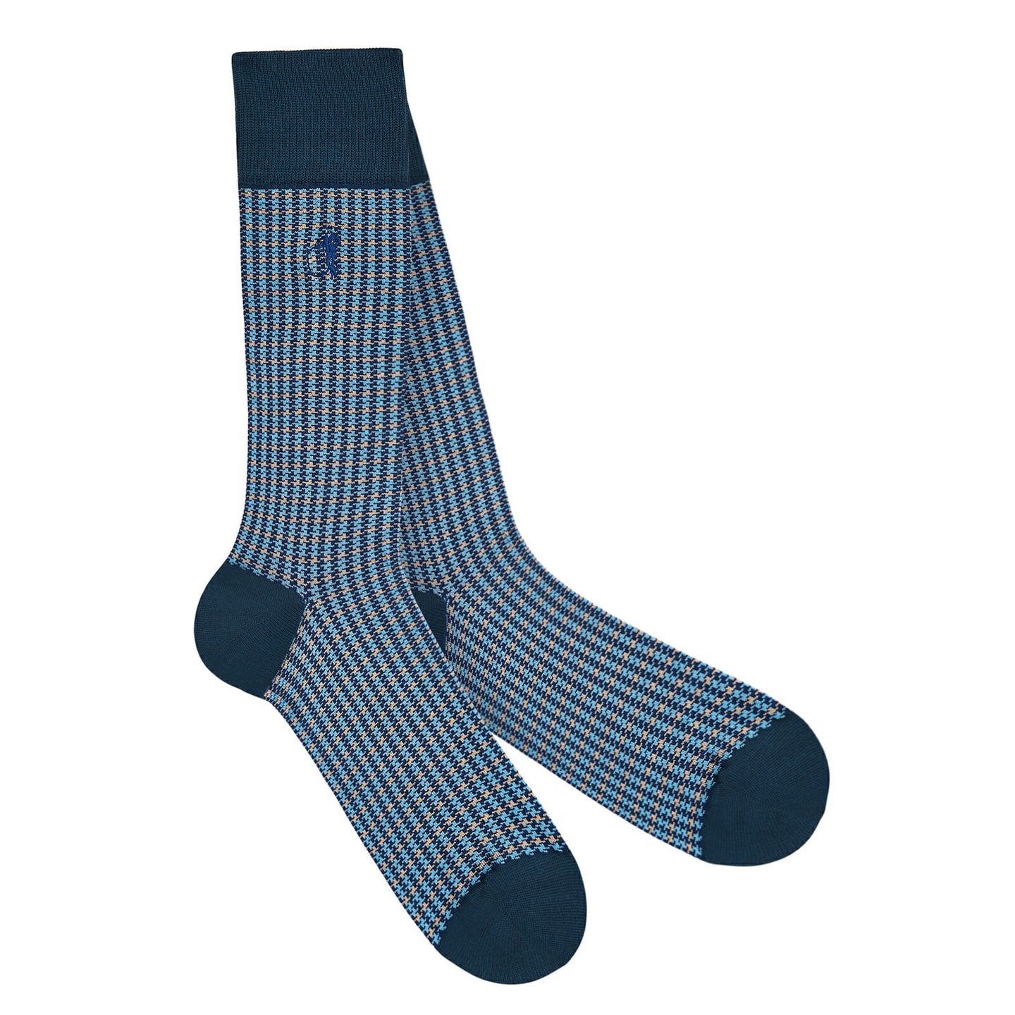 Double houndstooth sock in blue with London Sock Company logo embroidered