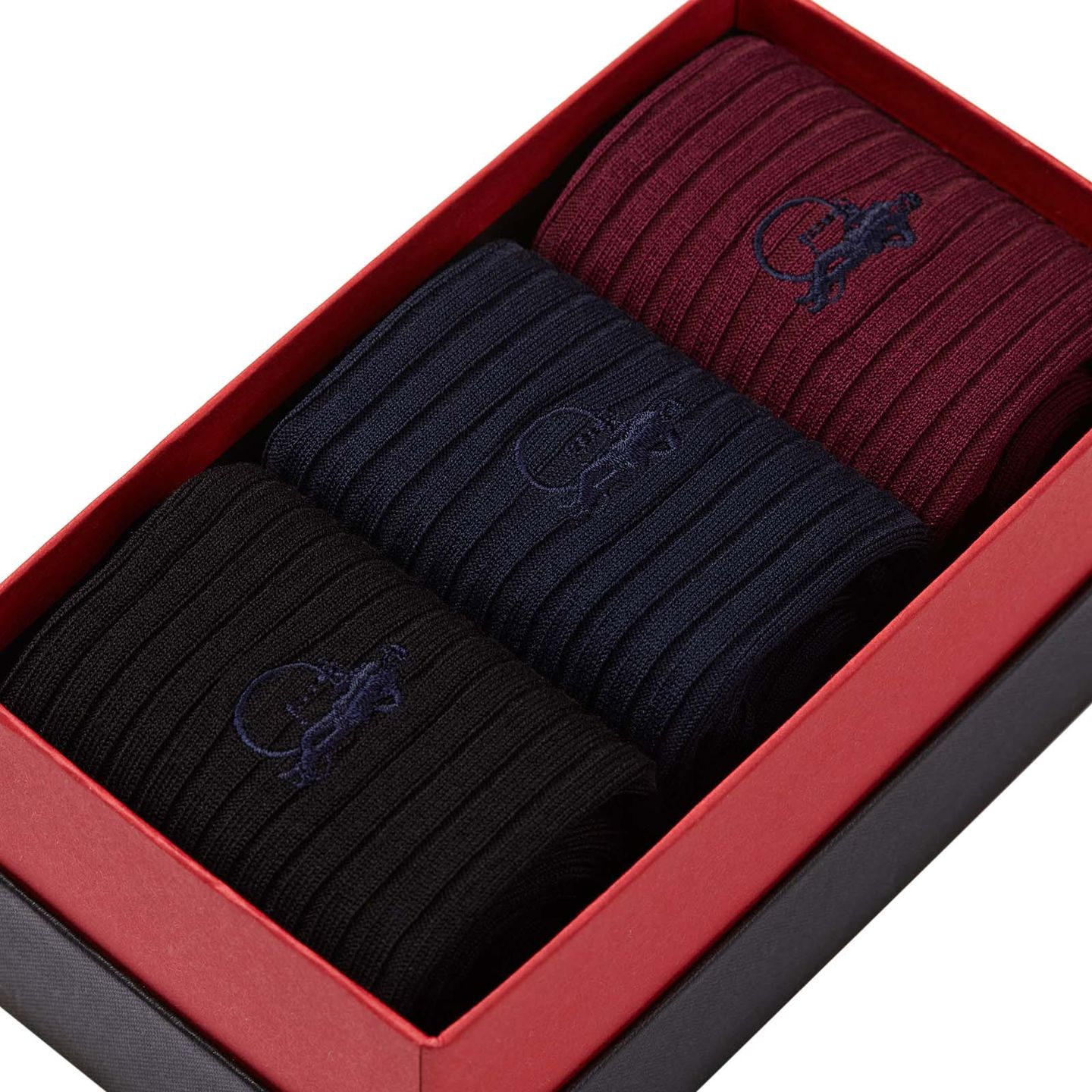 3 pairs of traditional socks in dark red, navy and black