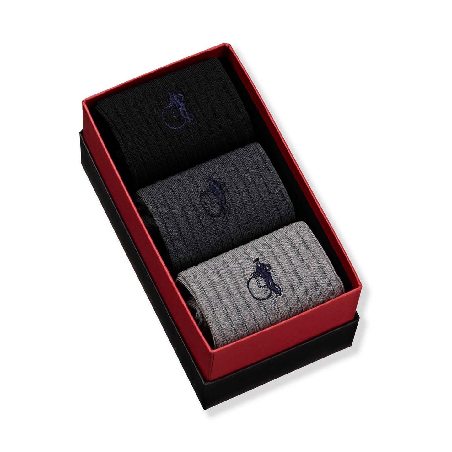 3 pairs of socks in black and grey in a presentation box