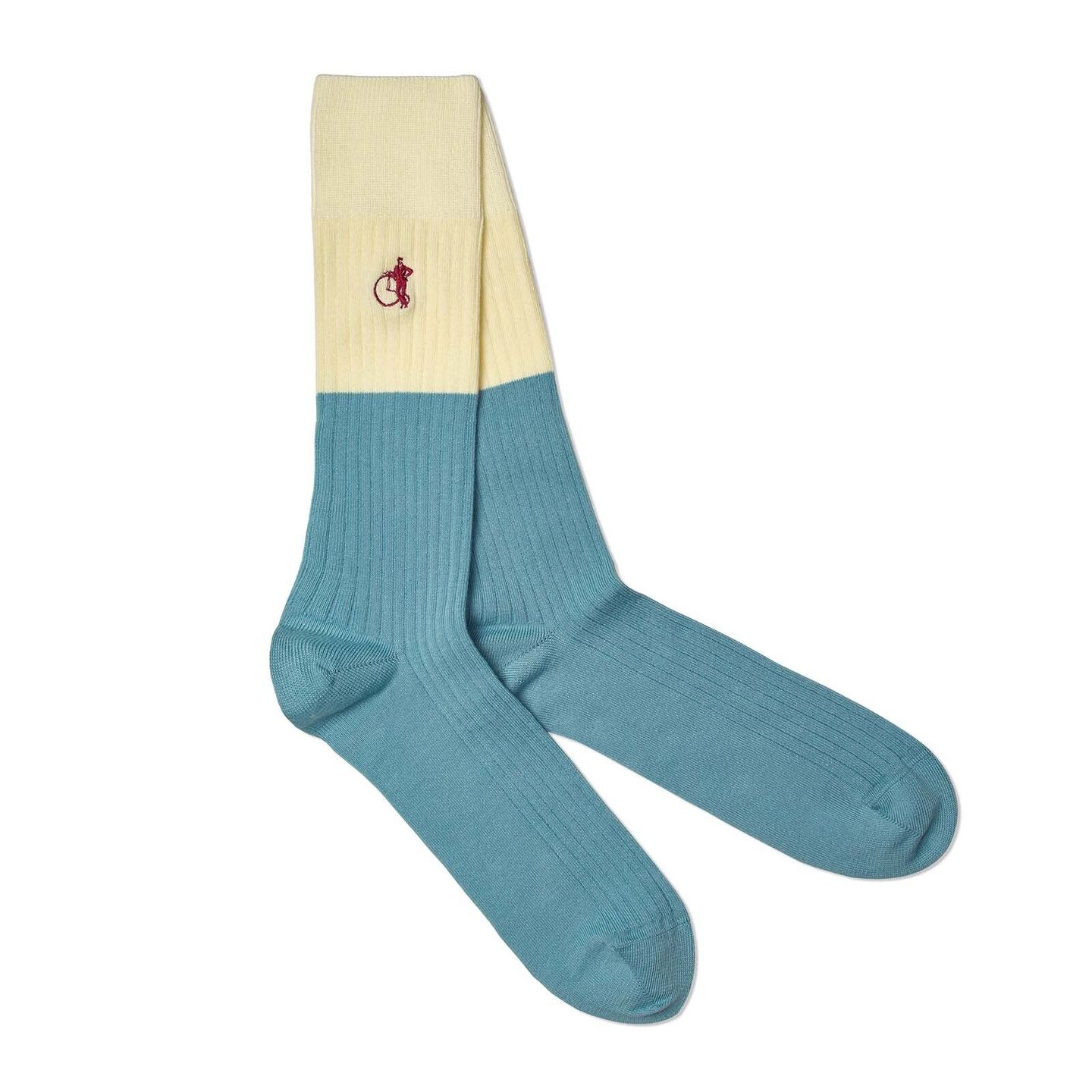 2 toned sock, with the calf in cream and the lower part in a light blue called the Smoke