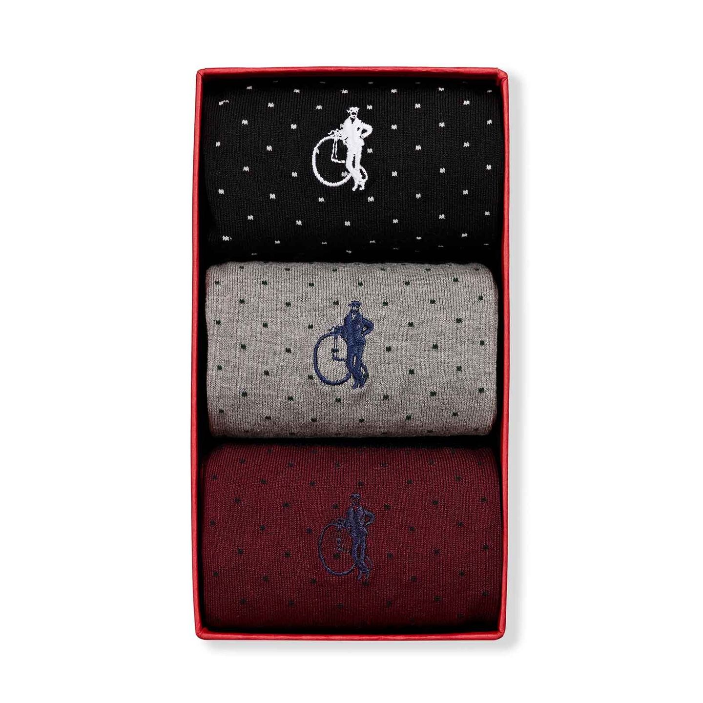 Front view of the Spot of Style collection with black, light grey and burgundy mens socks