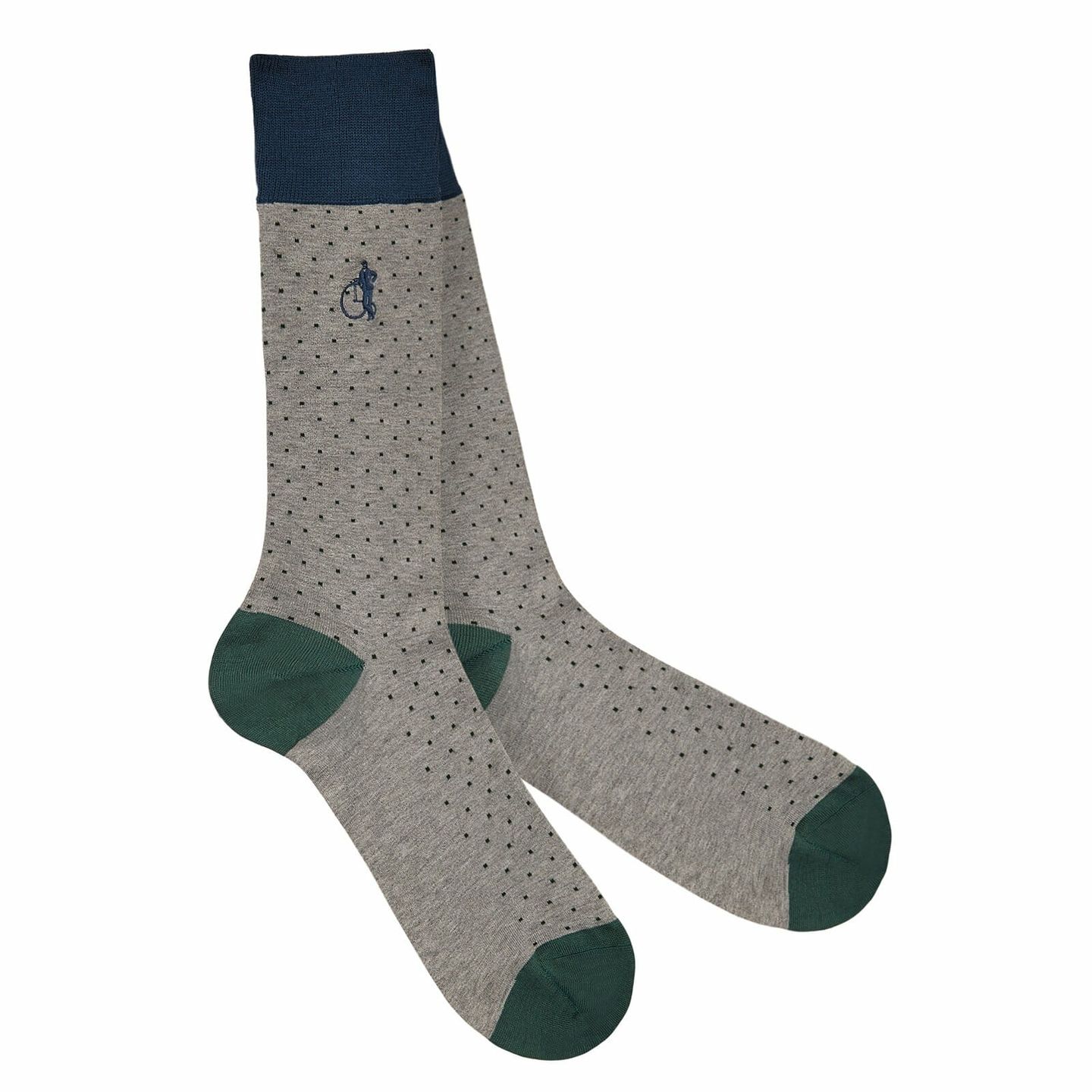 A pair of dotted socks in light brown and dark green