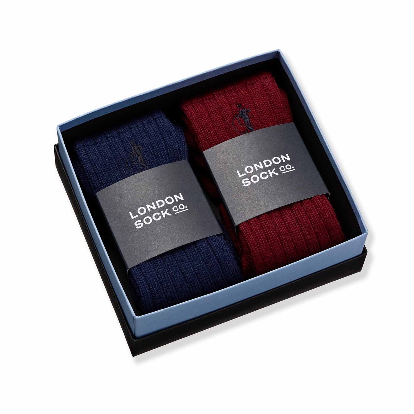 2 pair of welly boot socks in navy and ruby, with a box presentation