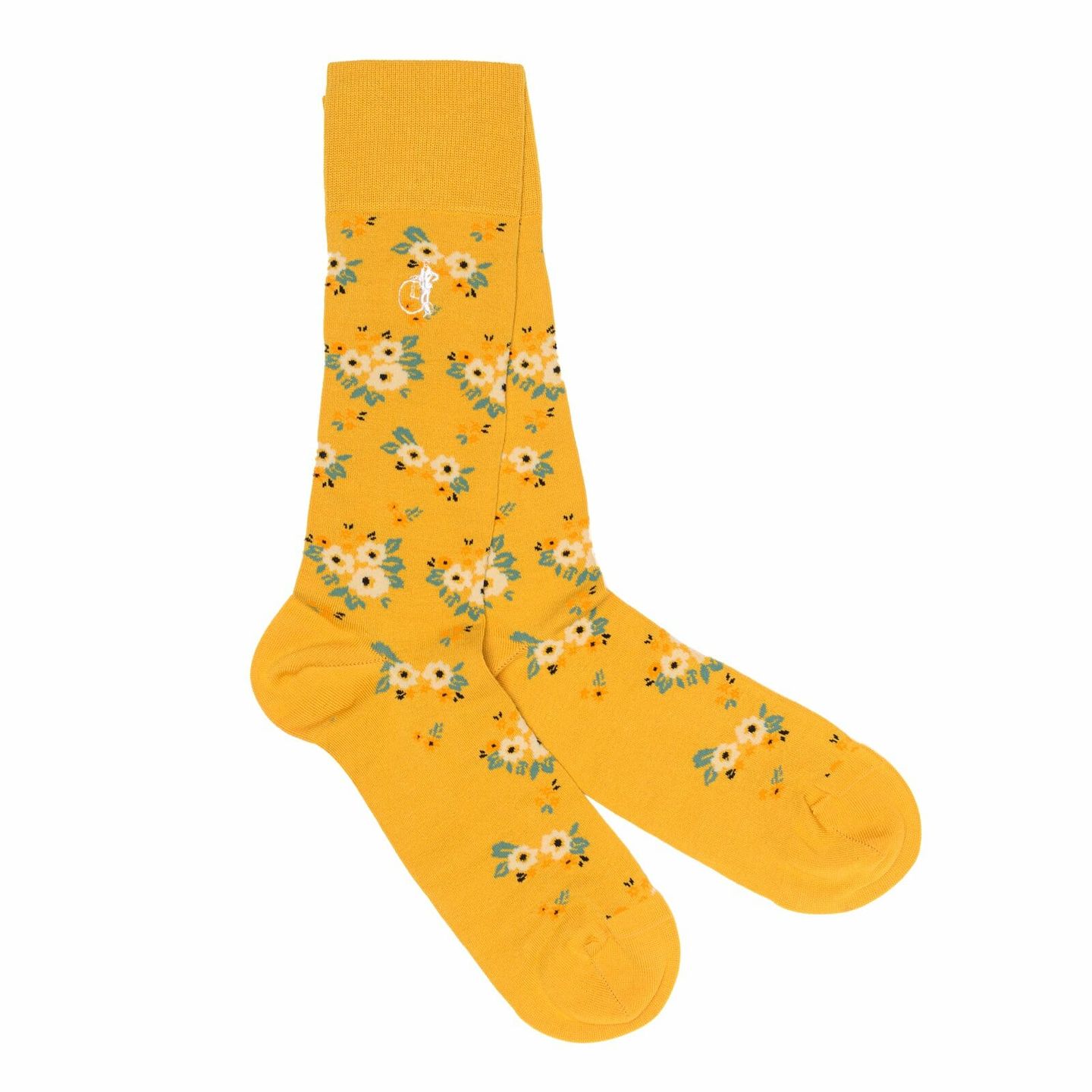Pair of yellow socks with flower designs as part of the Spring foral collection