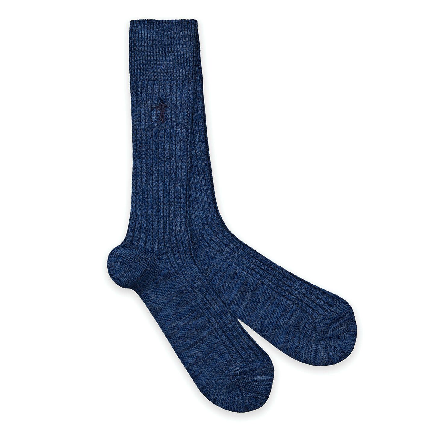 A pair of dark blue socks with a white background