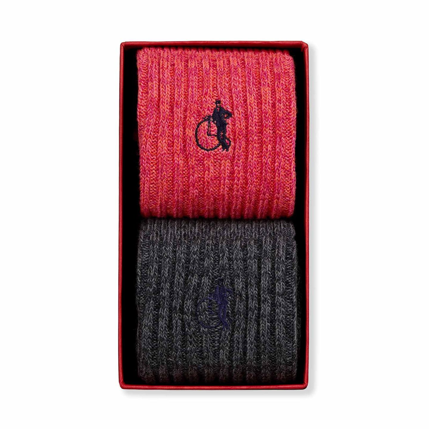 2 pairs of socks with a fusion knit, one is red and orange embroidered with the LSC logo