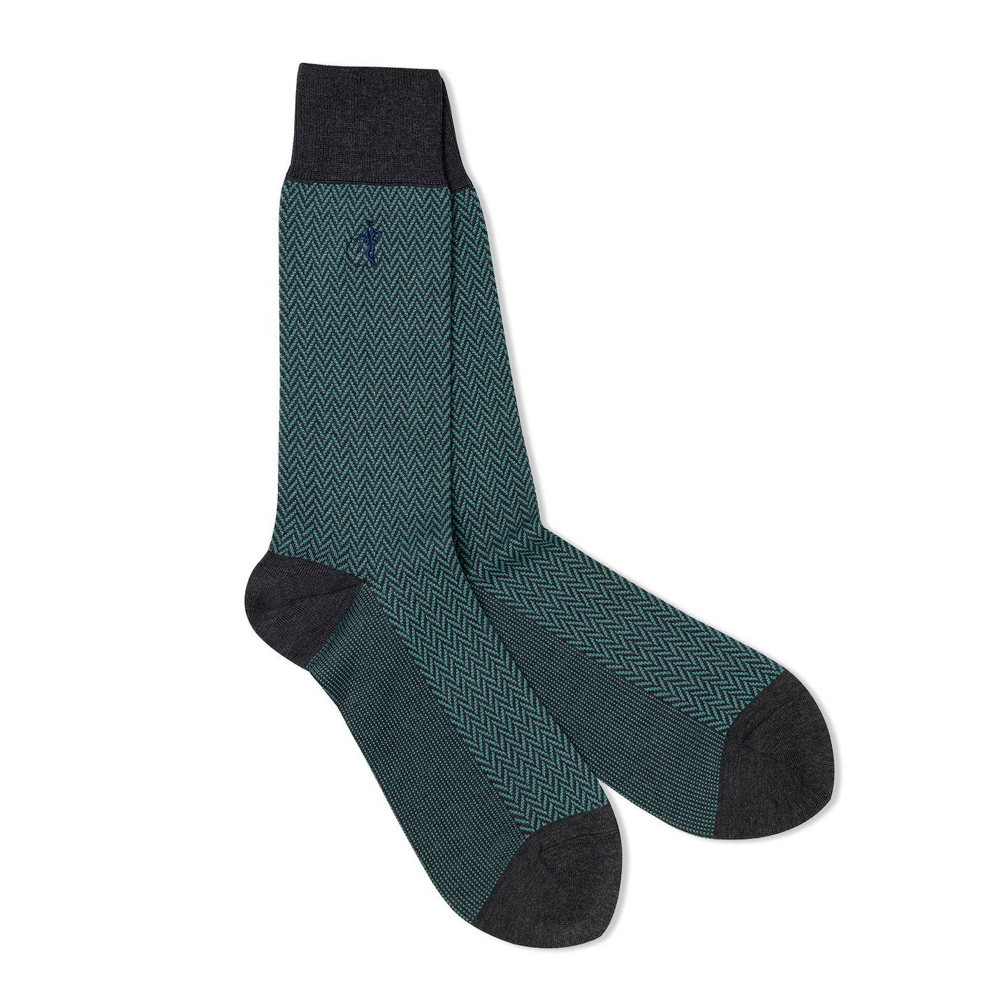 Herringbone green and black zig zag patterned socks