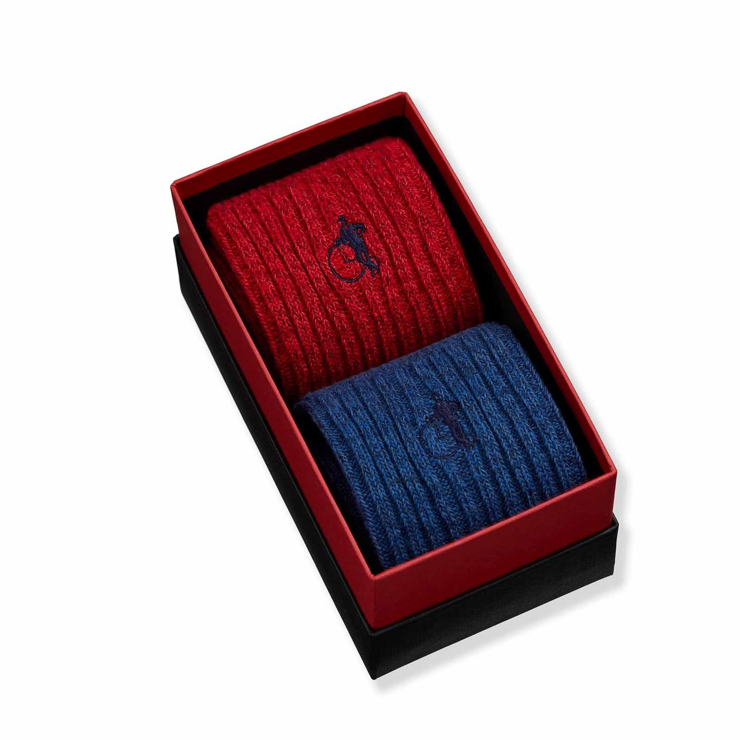 2 pairs of mens boot socks in red and blue