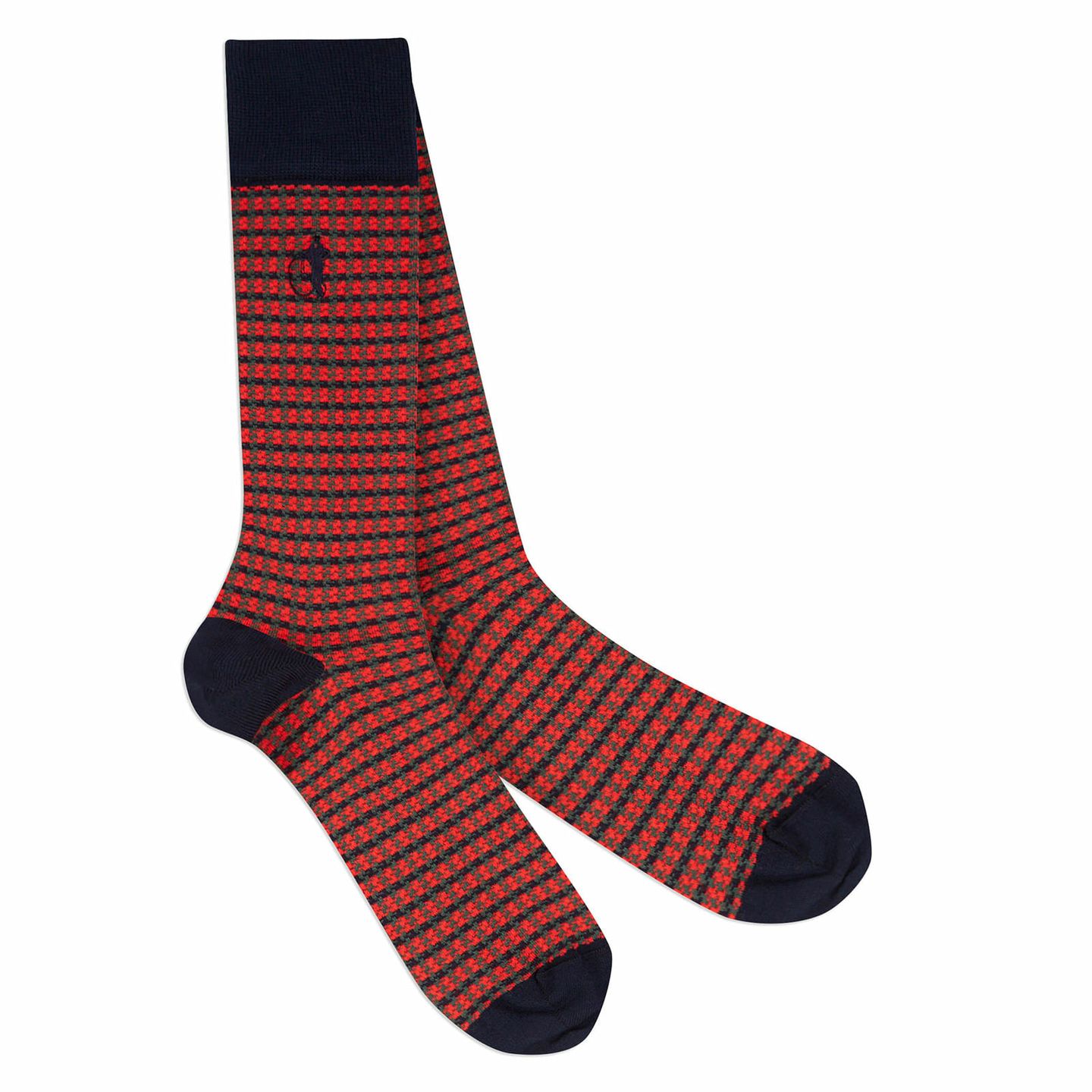 A pair of red and black lined socks with a white background
