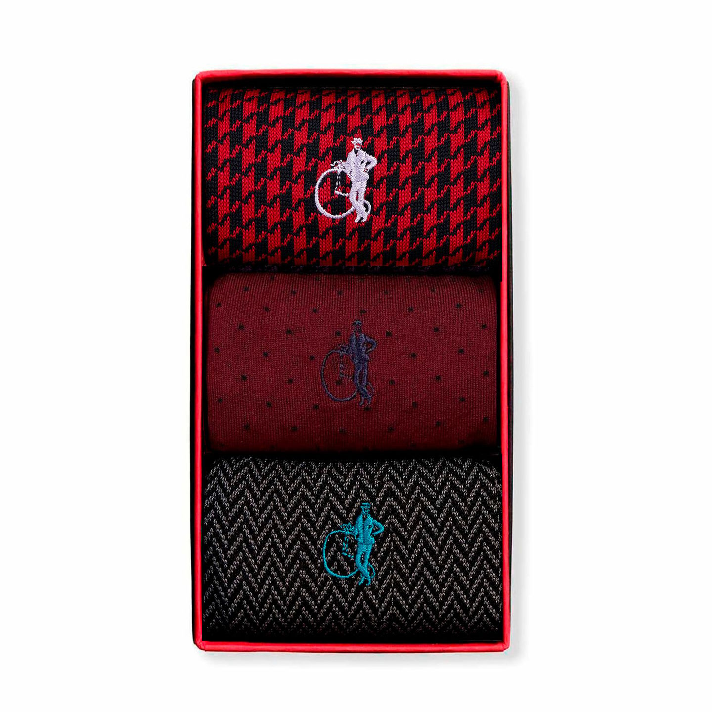 3 Pair Windsor collection featuring red and black chequered socks and dark red polka dot