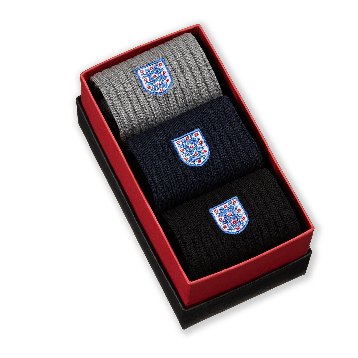 3 pair of different colour England socks in a box