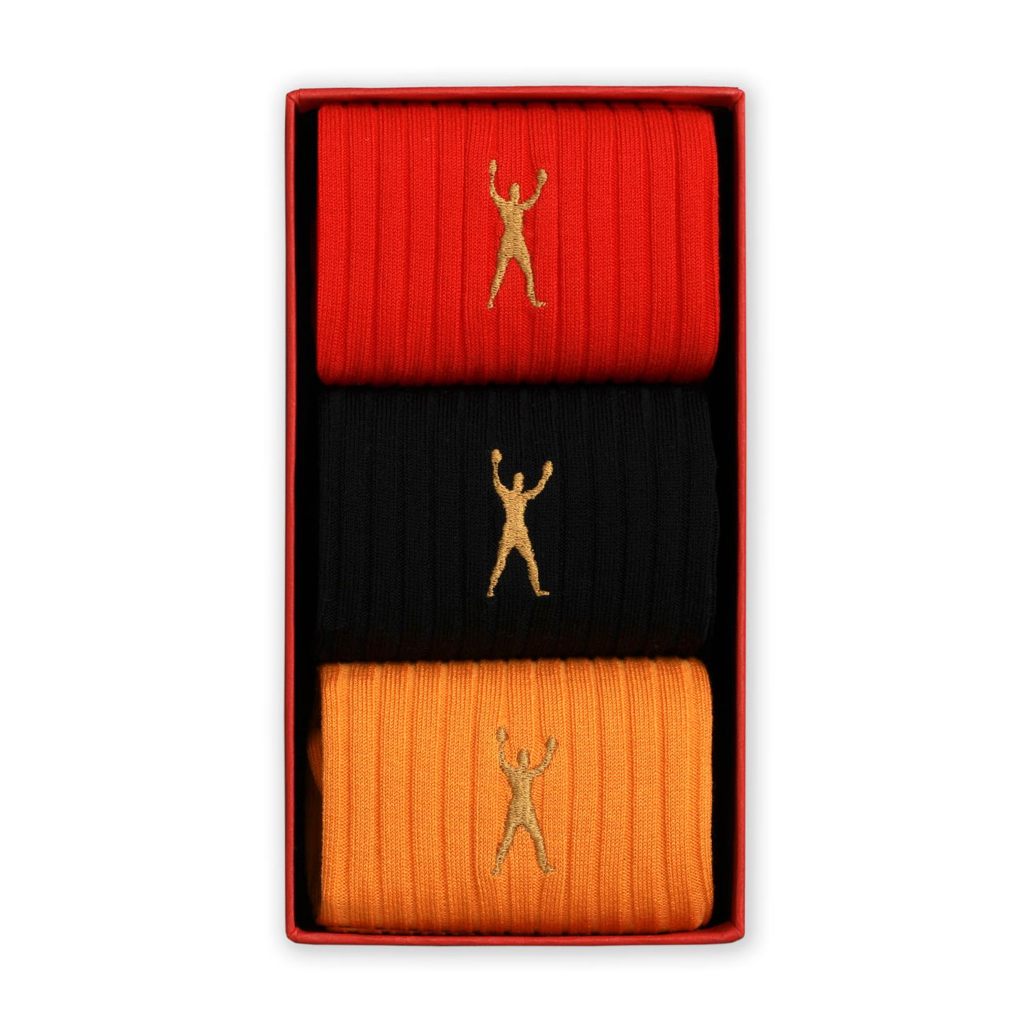 Trio box of Muhammad Ali socks in red, black and yellow with a gold logo