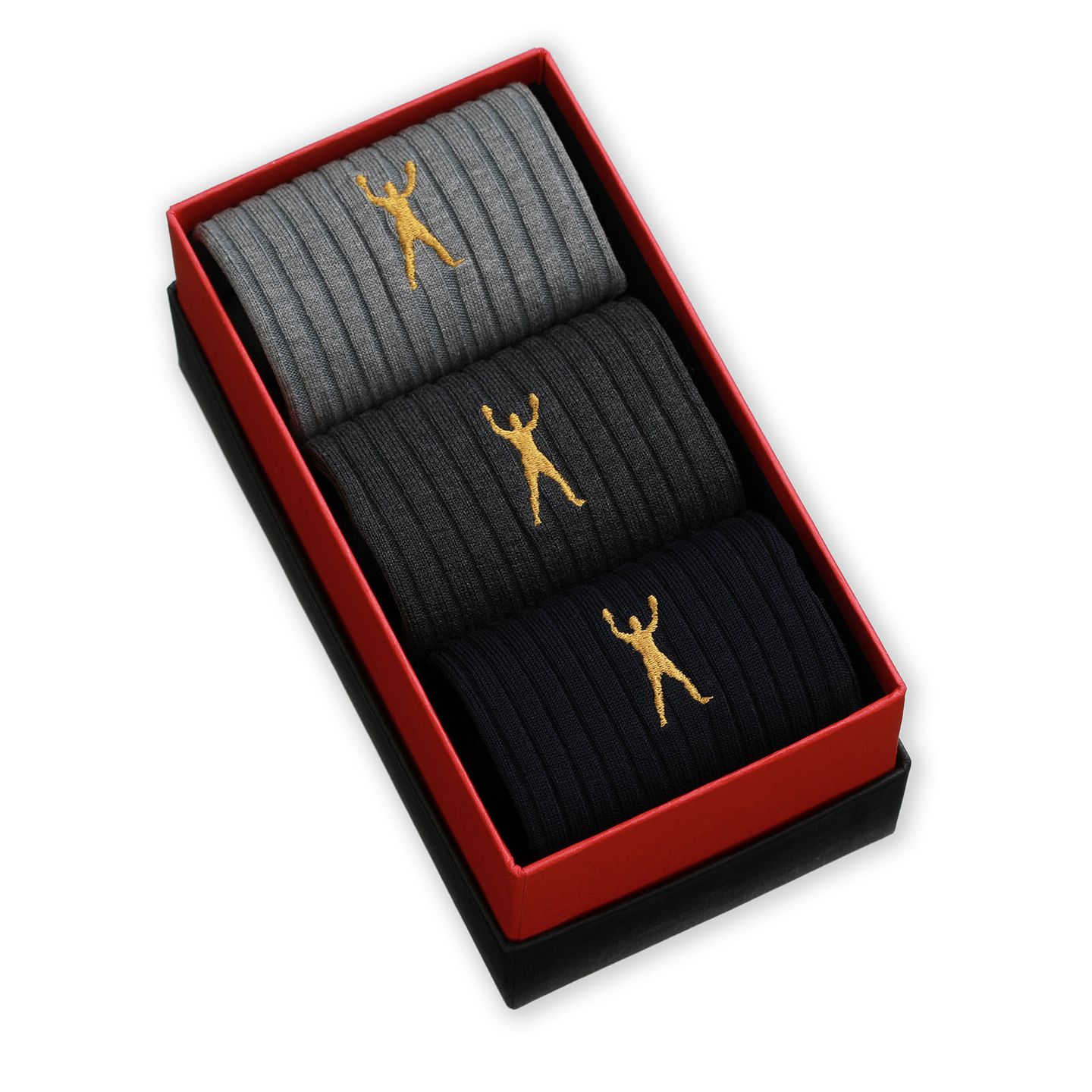 Muhammad Ali 3 pair presentation box with light grey, dark grey and black men's socks