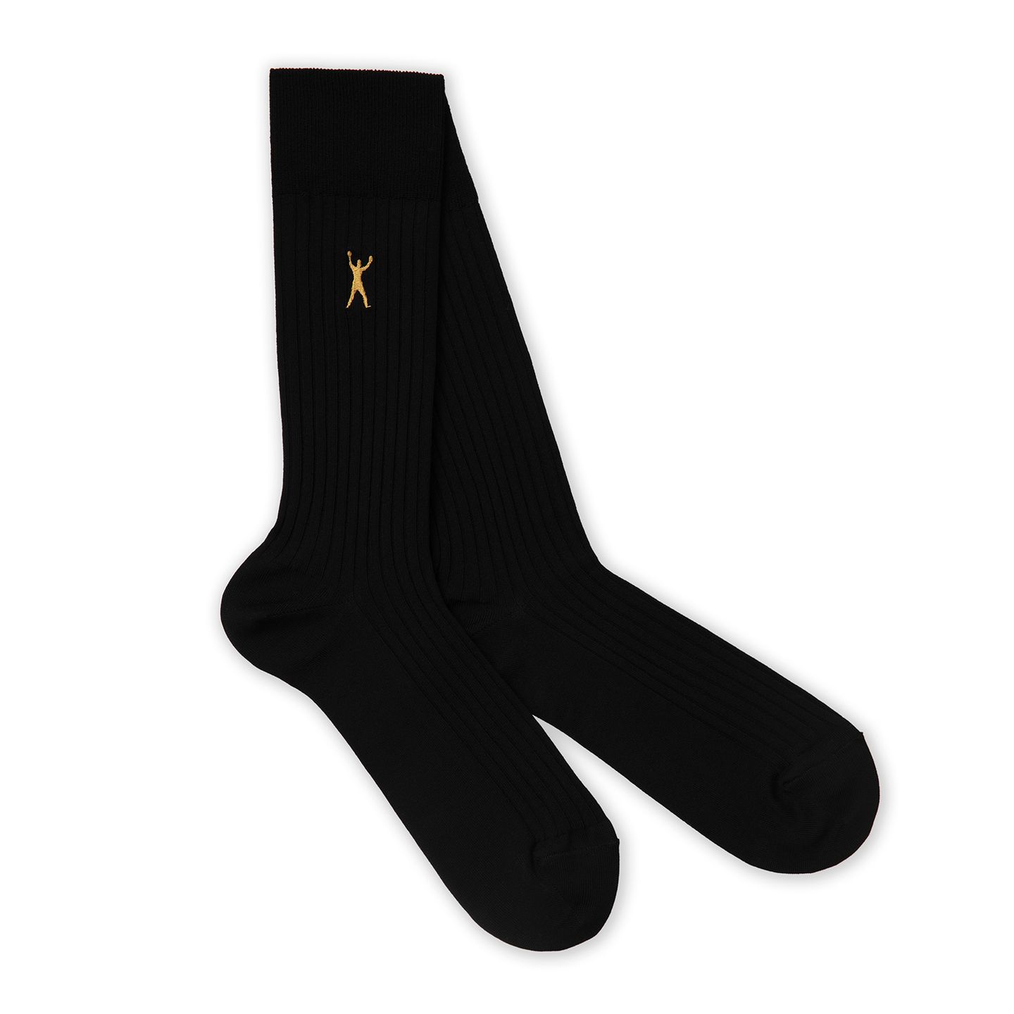 A pair of black Muhammad Ali socks with a white background