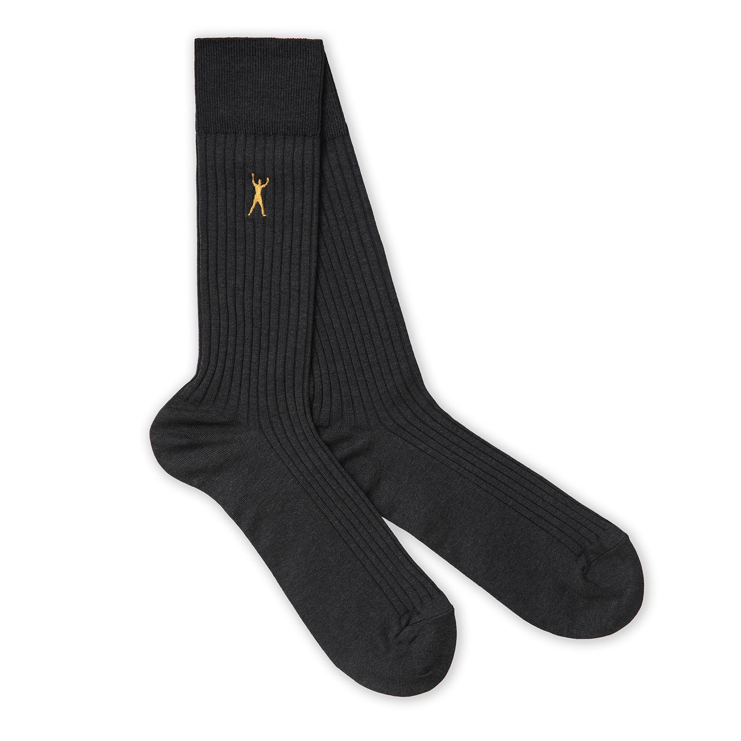 Charcoal pair of socks, with a gold logo from the Muhammad Ali Collection
