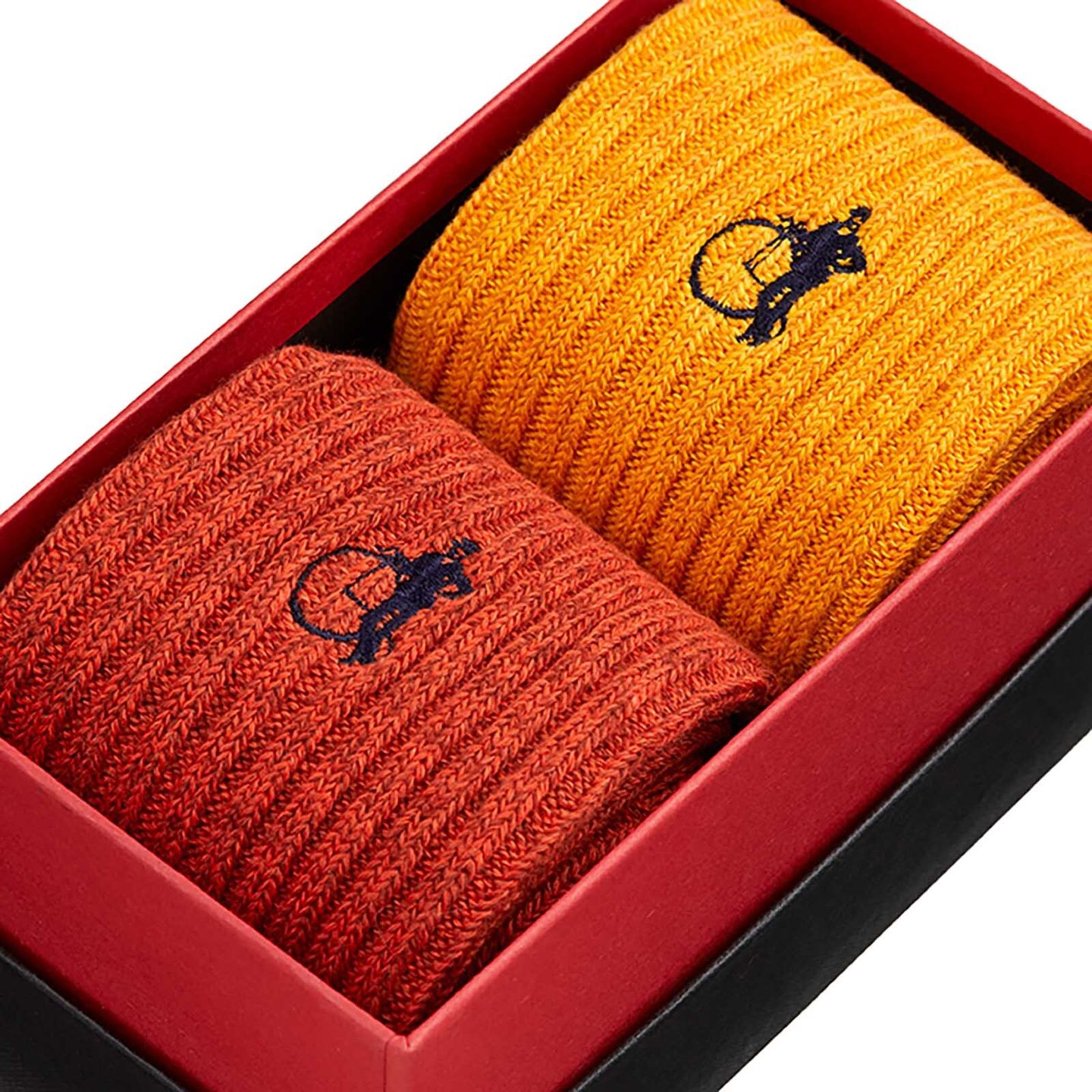 Close up of the outdoor presentation box with a yellow and orange pair of mens socks