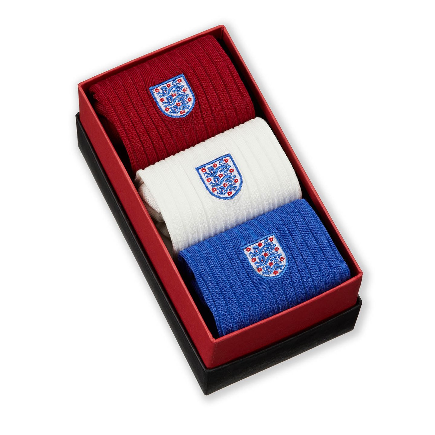 Trio presentation box of 3 lion socks in red, white and blue