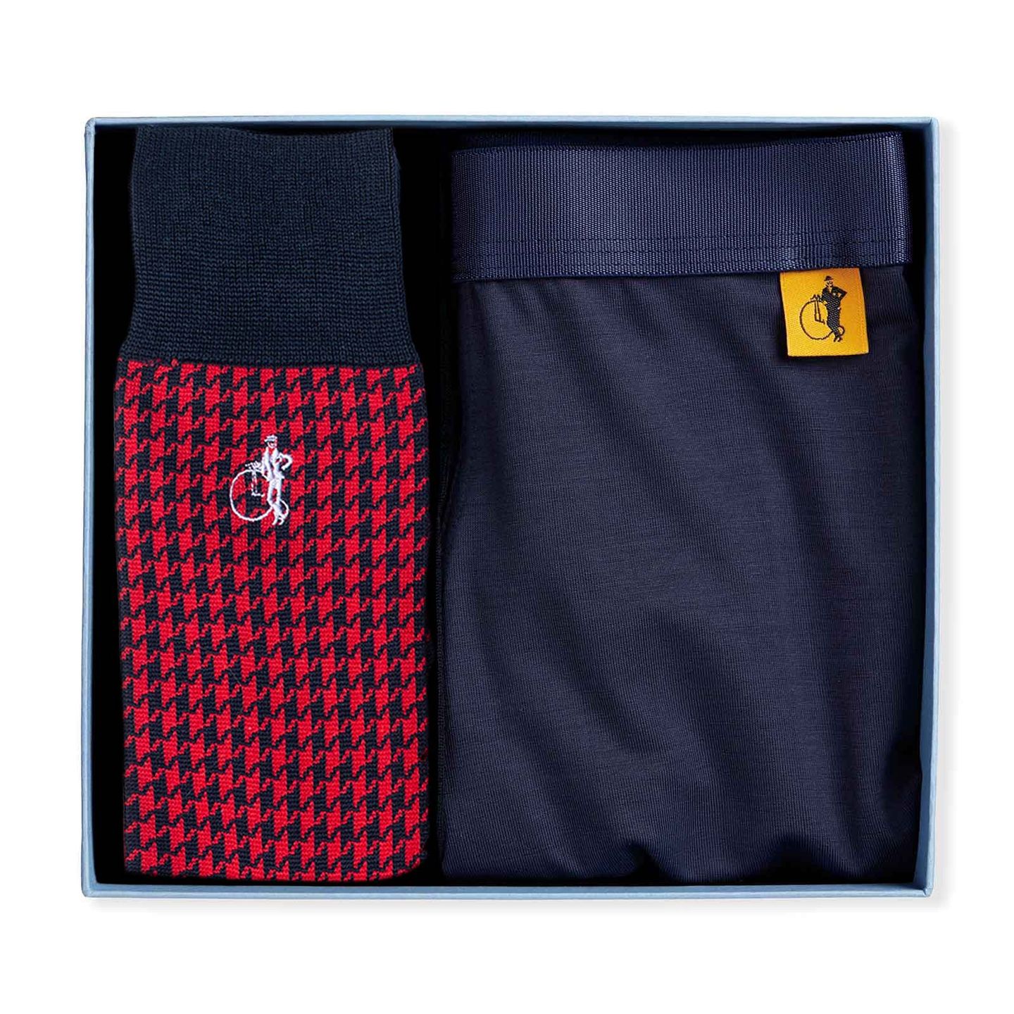Navy LSC boxer and red and black chequered sock gift box