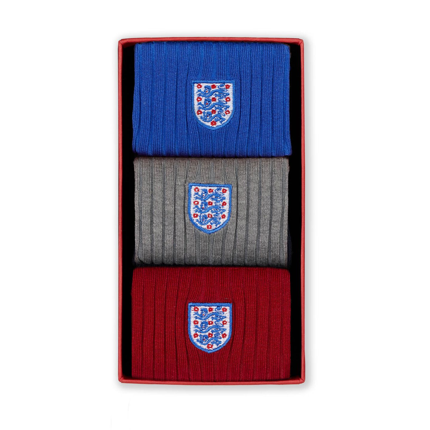 3 pair of England 3 Lion socks in blue, grey and red