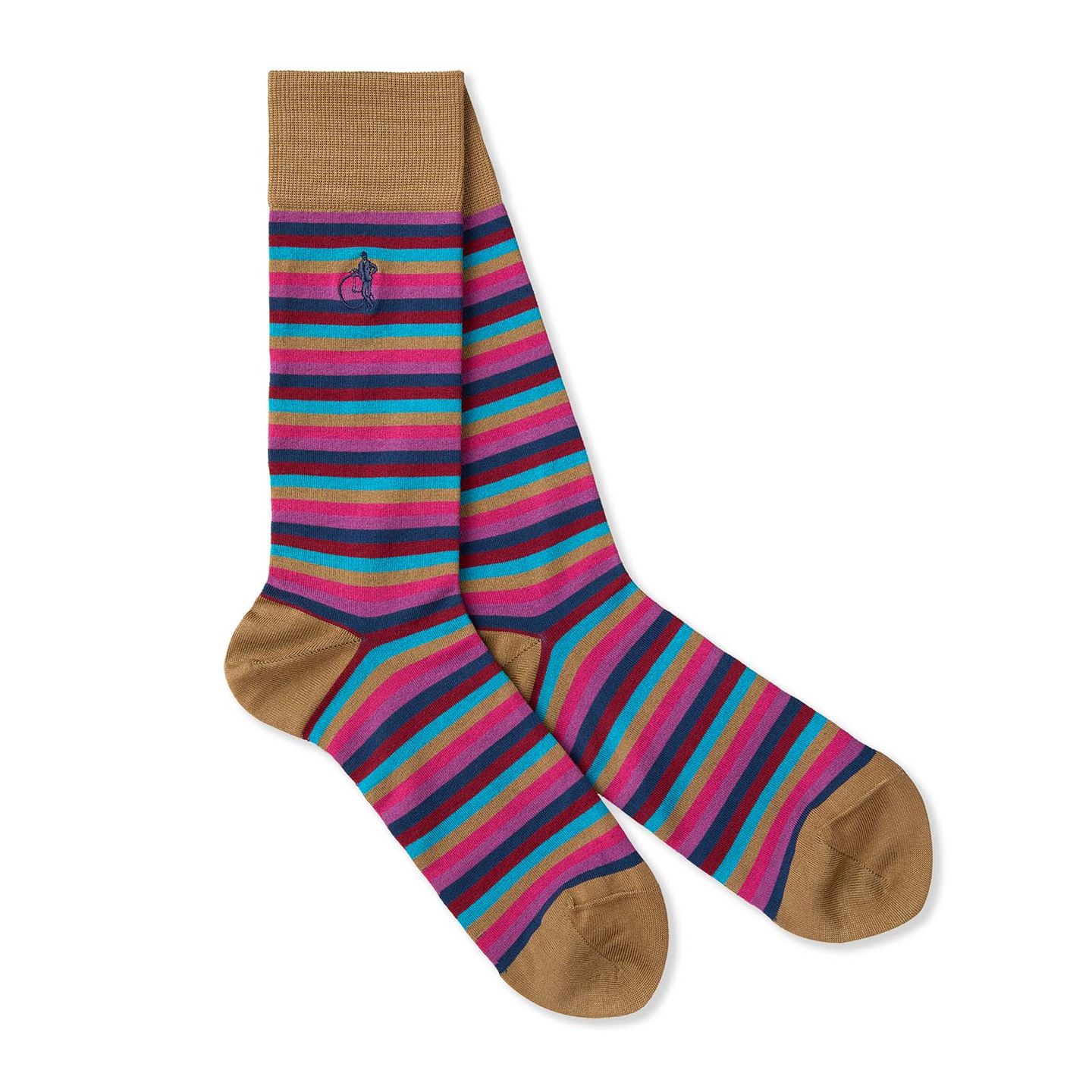 Stripped socks with pinks, blues and red strips and the heel, toe and cuffs in a camel colour