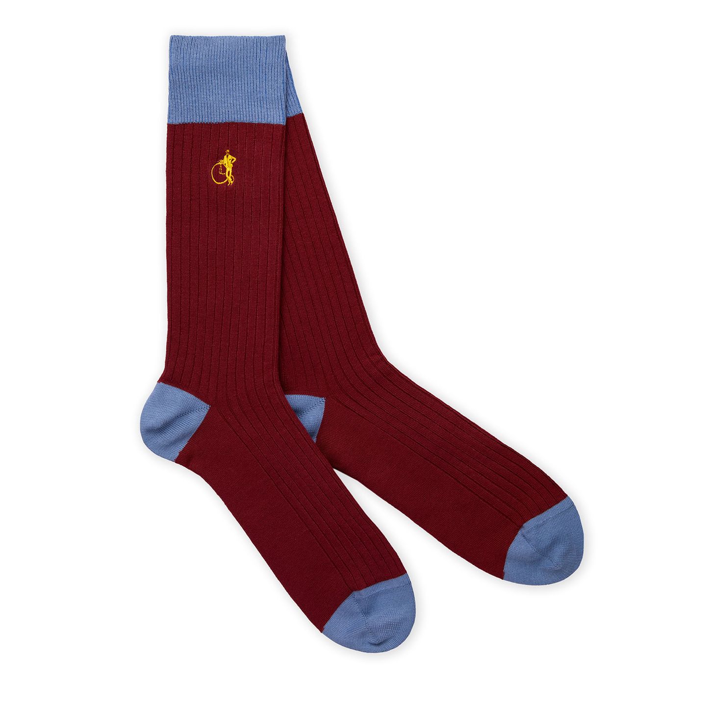 Burgundy red socks with blue heel, toes and cuffs