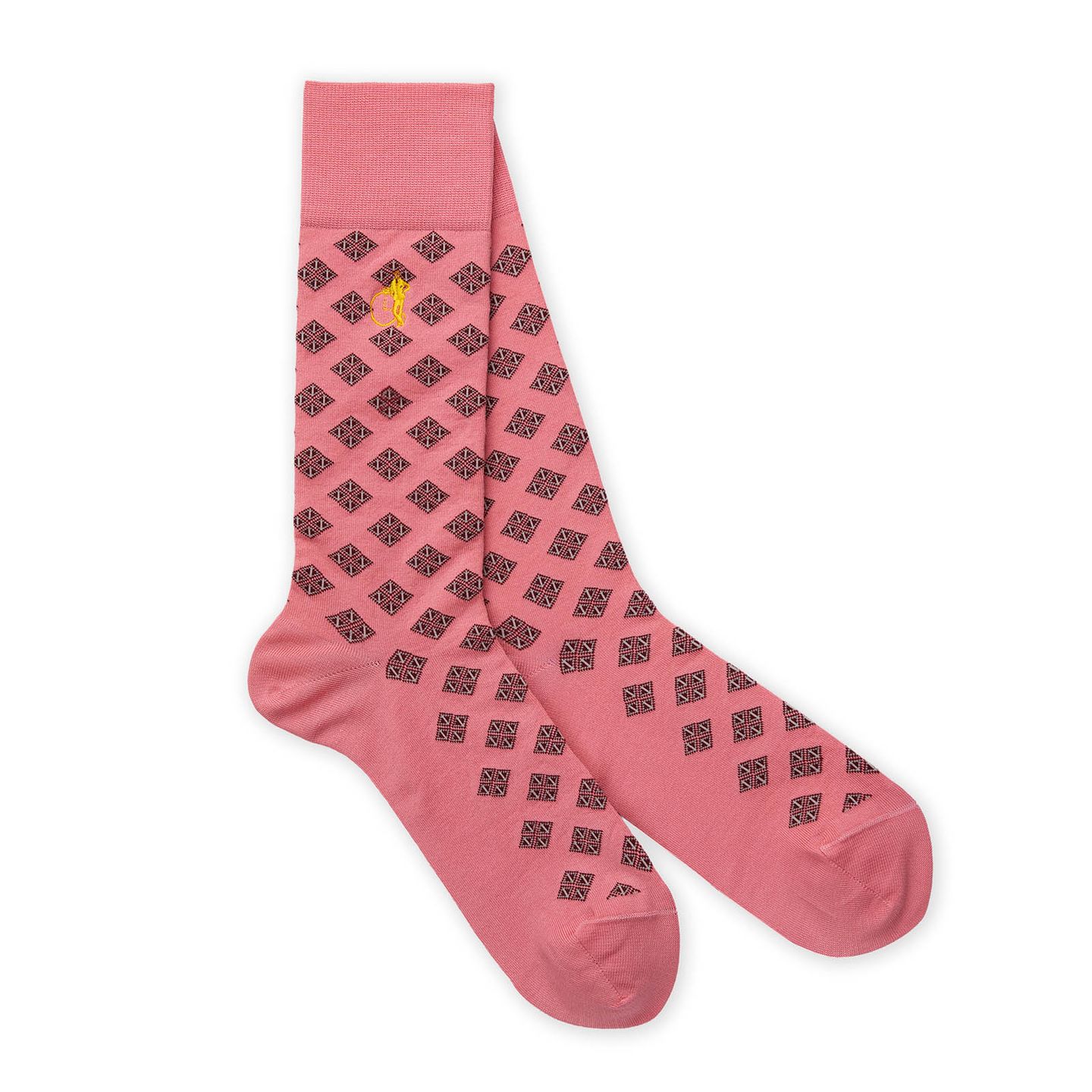 Pink socks with black and white diamond patterns