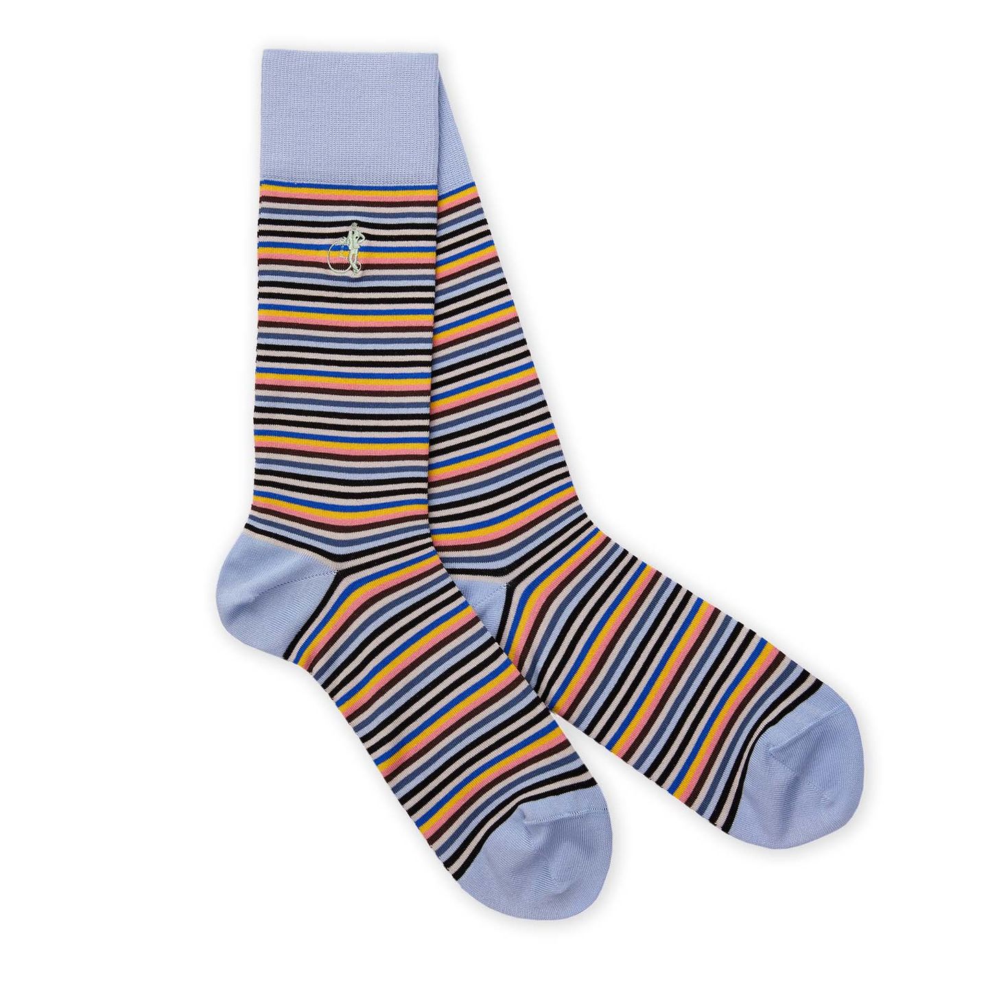 Close up of a light blue stripped socks, with 3 different blue hues, yellow, black, white stripes