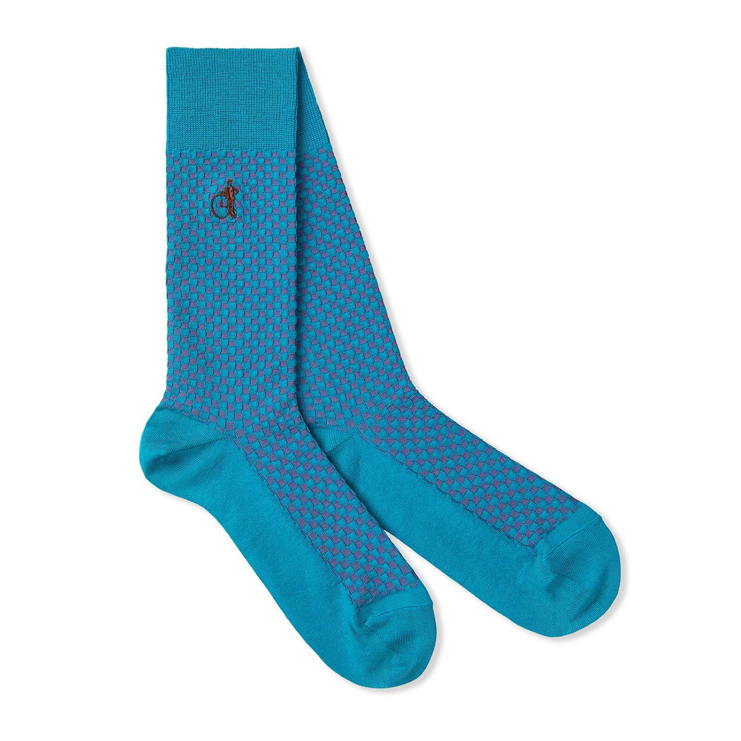 A pair of blue and pink patterned socks with a white background