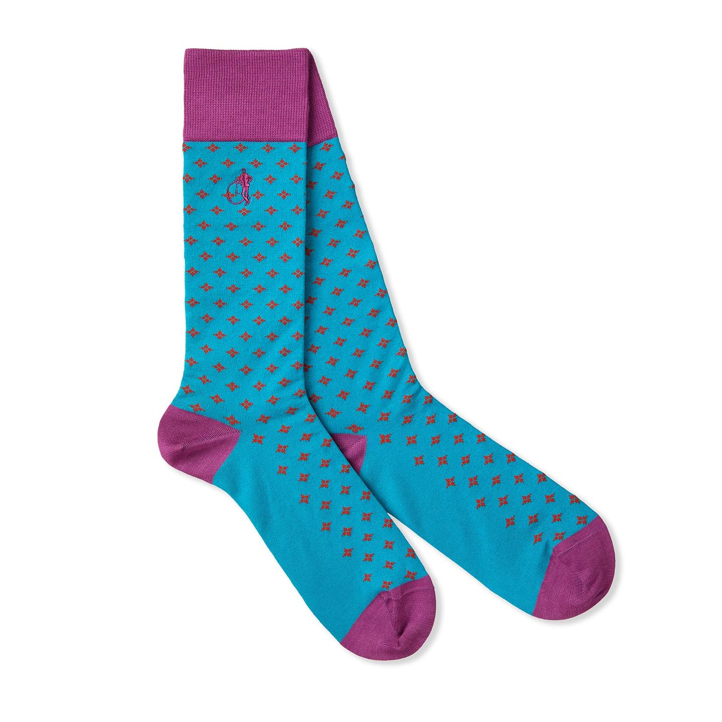 A pair of blue and pink patterned socks