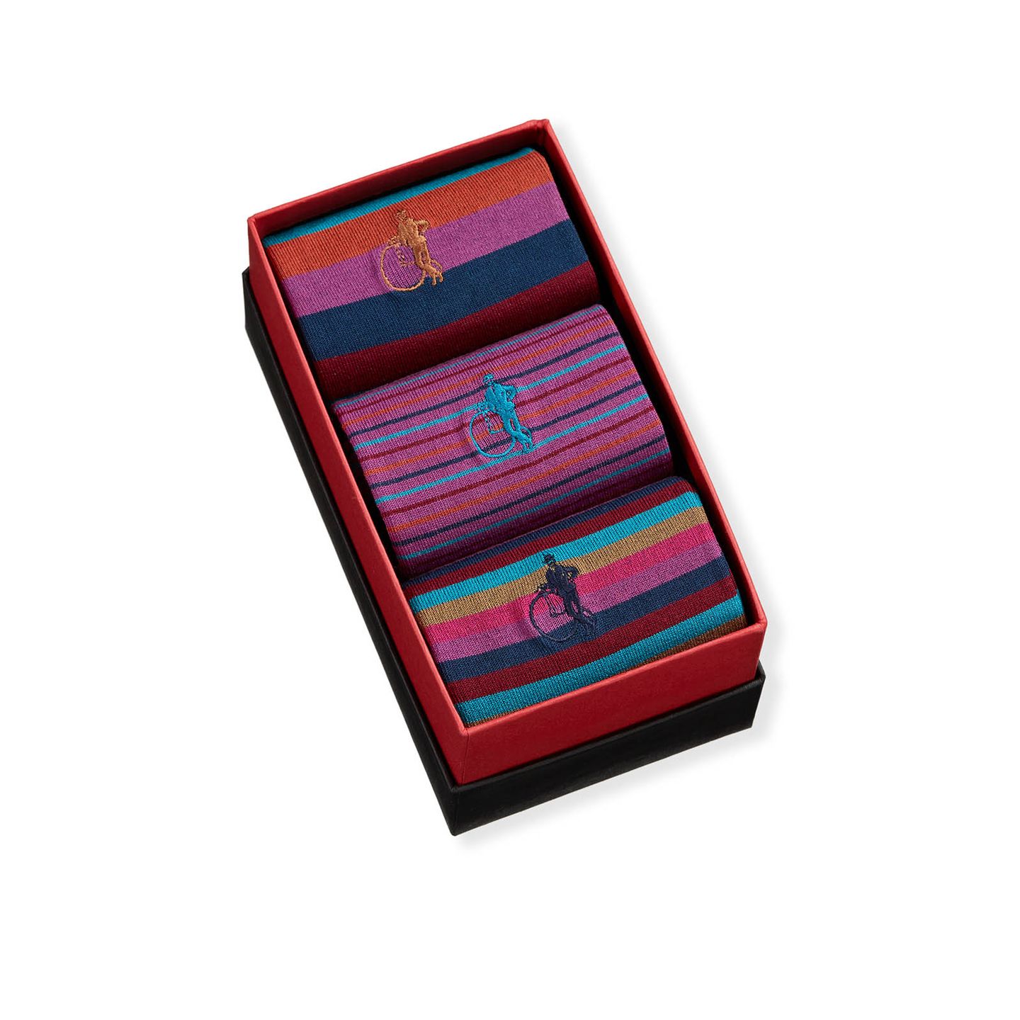 Illaria Sunset Stripe presentation box with 3 pairs of multi-coloured and multi-striped socks