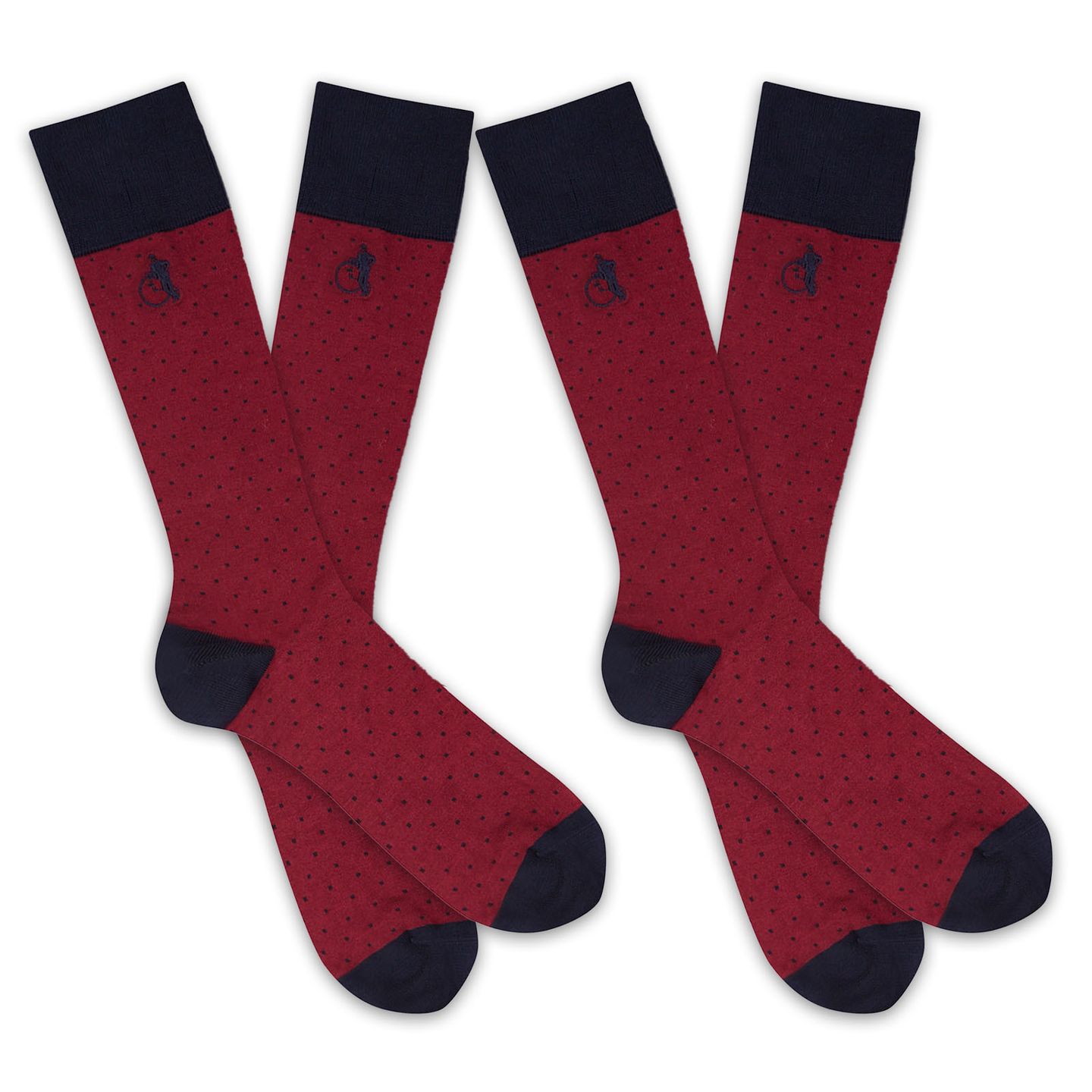 2 pair of red socks with blue dots on them with a white background