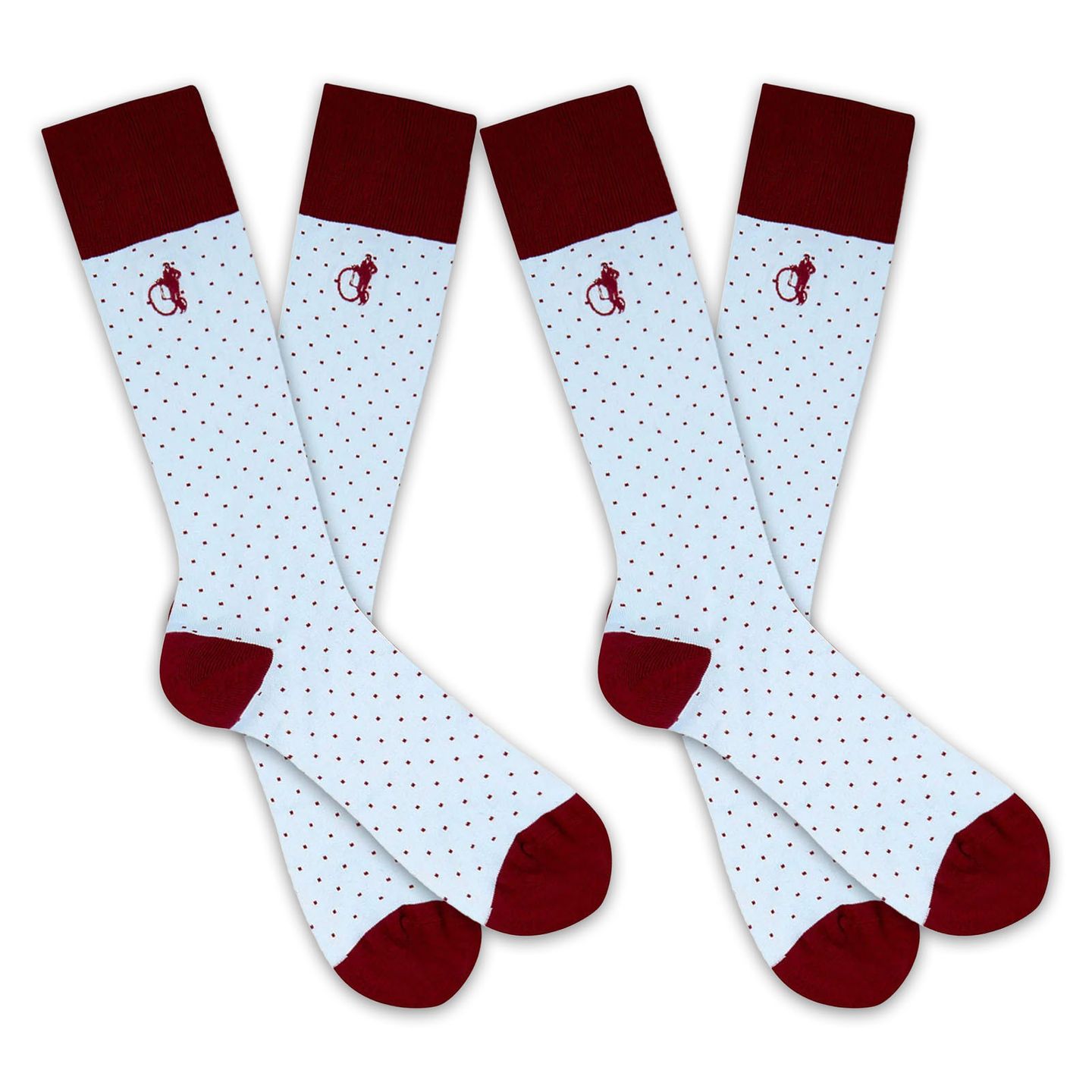 2 pairs of light blue socks with a burgundy polka dot pattern