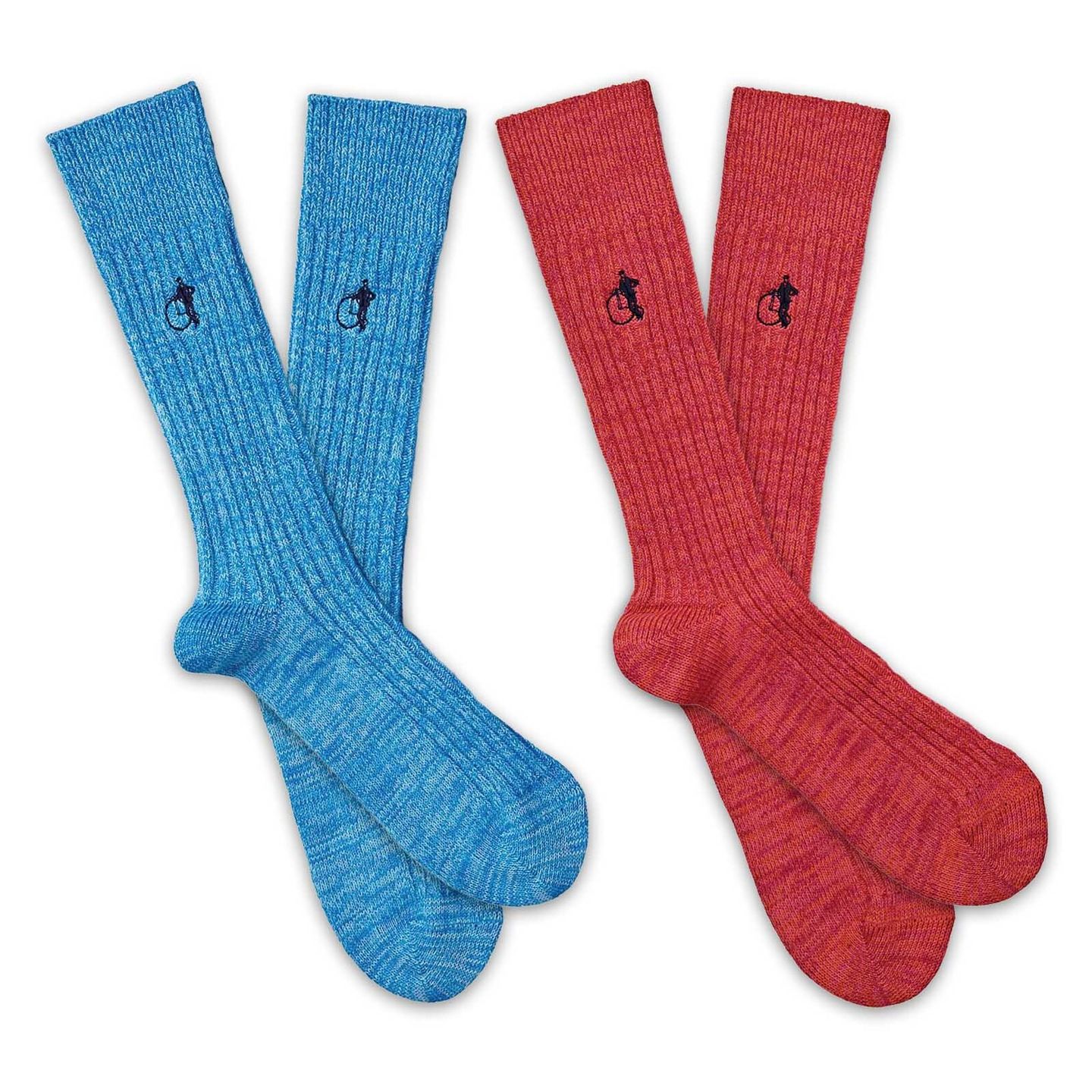 2 pair of mens socks in blue and red on a white background
